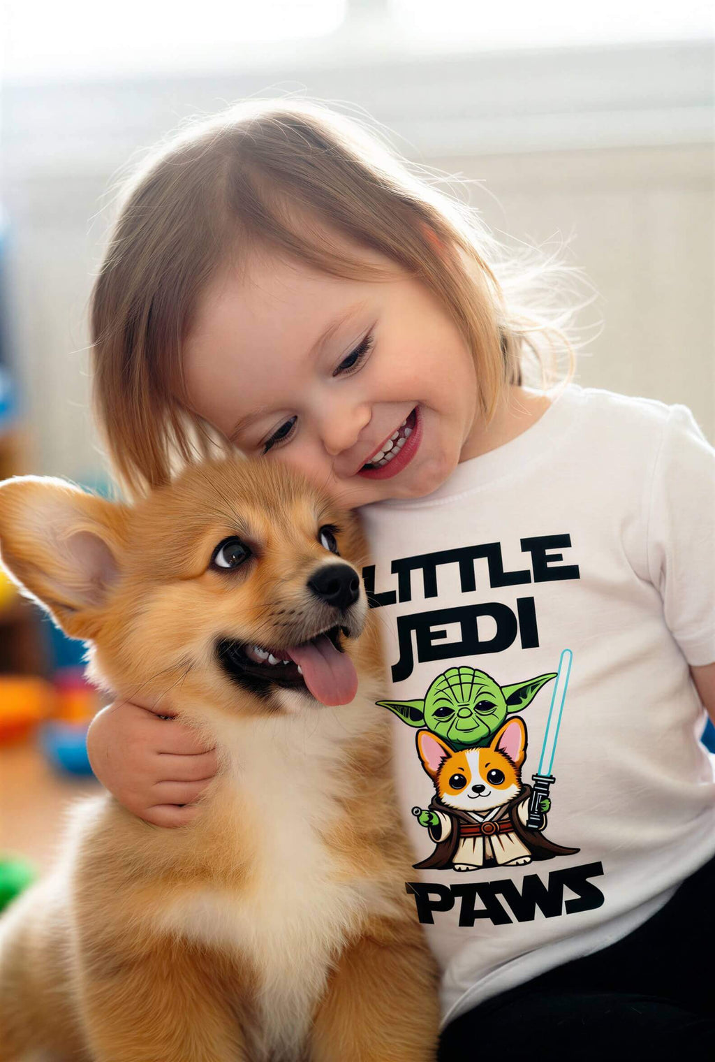 Toddler wearing a white t-shirt with "Little Jedi Paws" text and a cartoon dog dressed as Yoda, smiling with a corgi puppy.