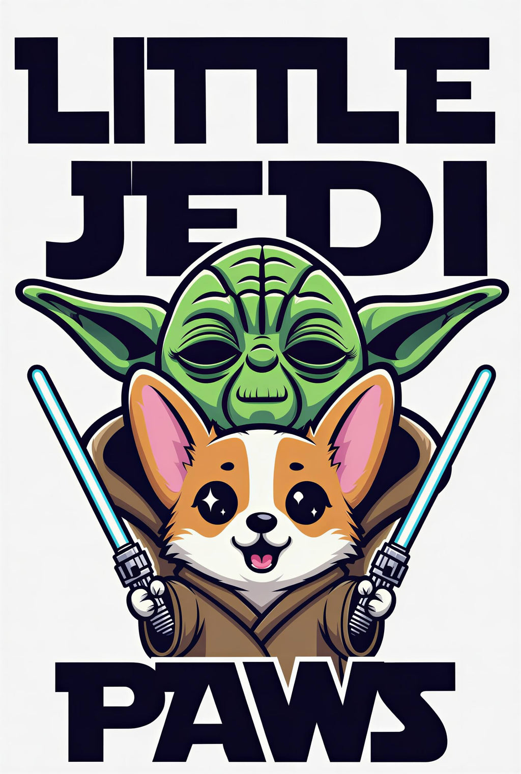 Little Space Paws toddler t-shirt featuring a cartoon corgi and Yoda with lightsabers, in vibrant colors.