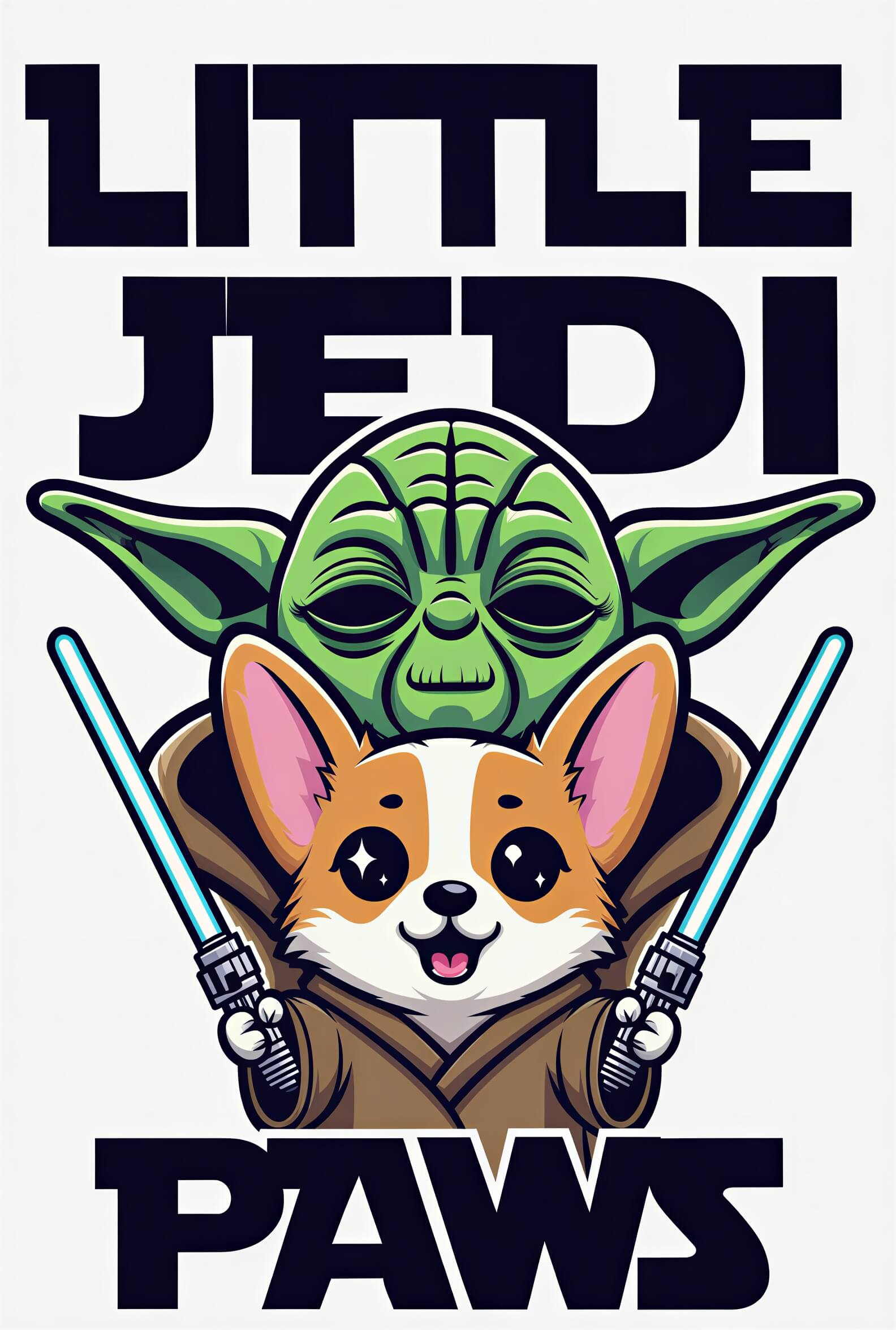 Little Space Paws toddler t-shirt featuring a cartoon corgi and Yoda with lightsabers, in vibrant colors.