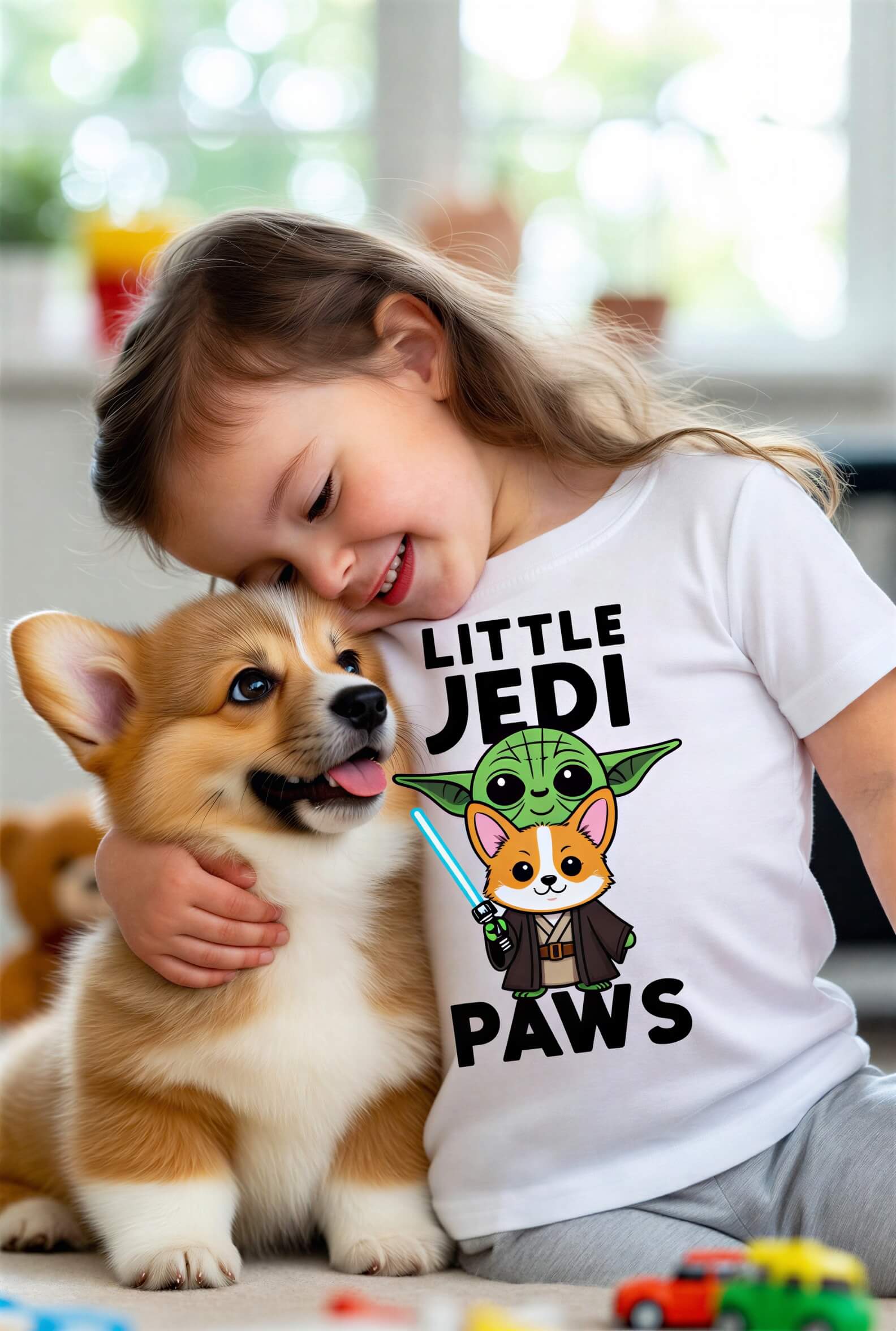 Little Space Paws toddler t-shirt featuring a cartoon hamster in a sci-fi theme, worn by a child with a corgi.