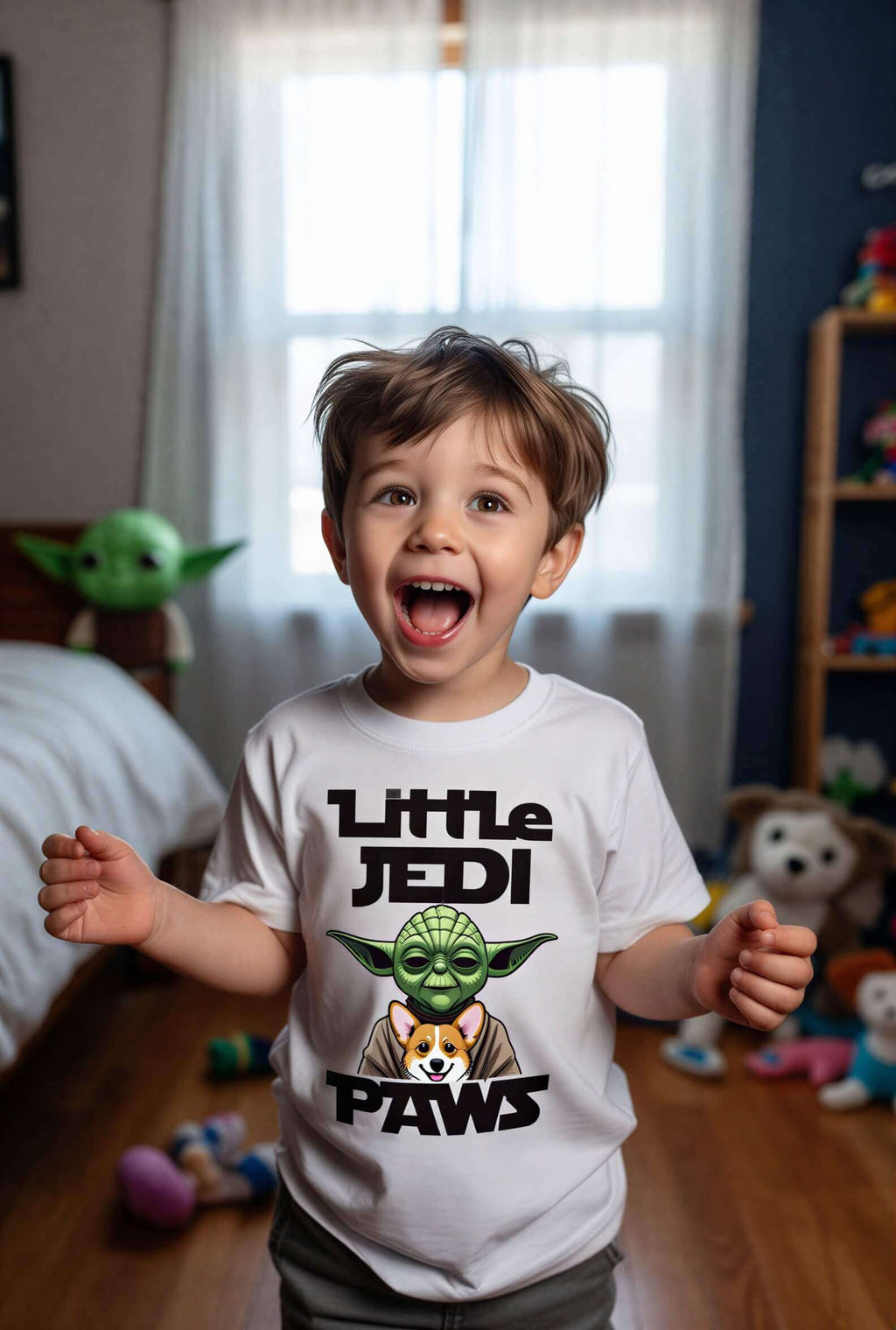 Toddler wearing a white t-shirt featuring a cartoon Yoda and the text "Little Jedi Paws" in bold black letters.