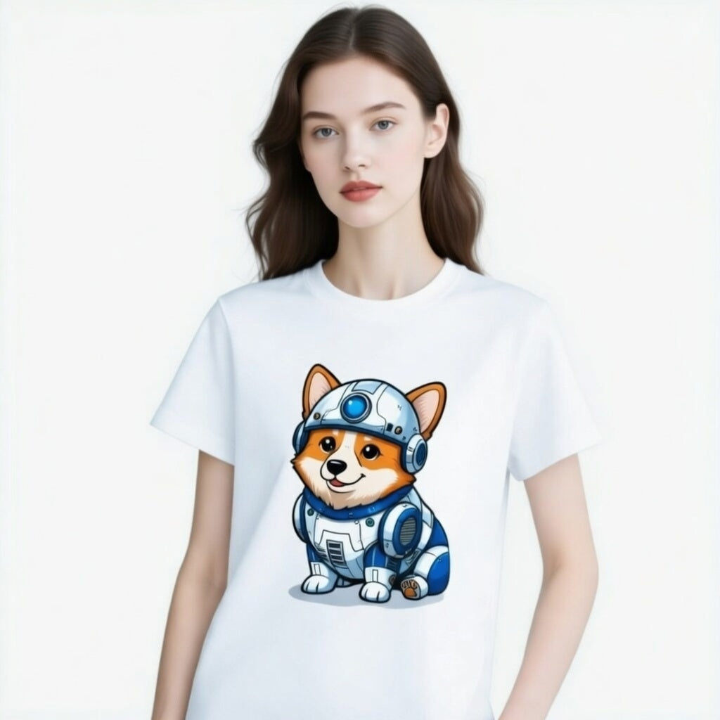 Corgi wearing R2-D2 costume on a white T-shirt, modeled by a woman with long hair.