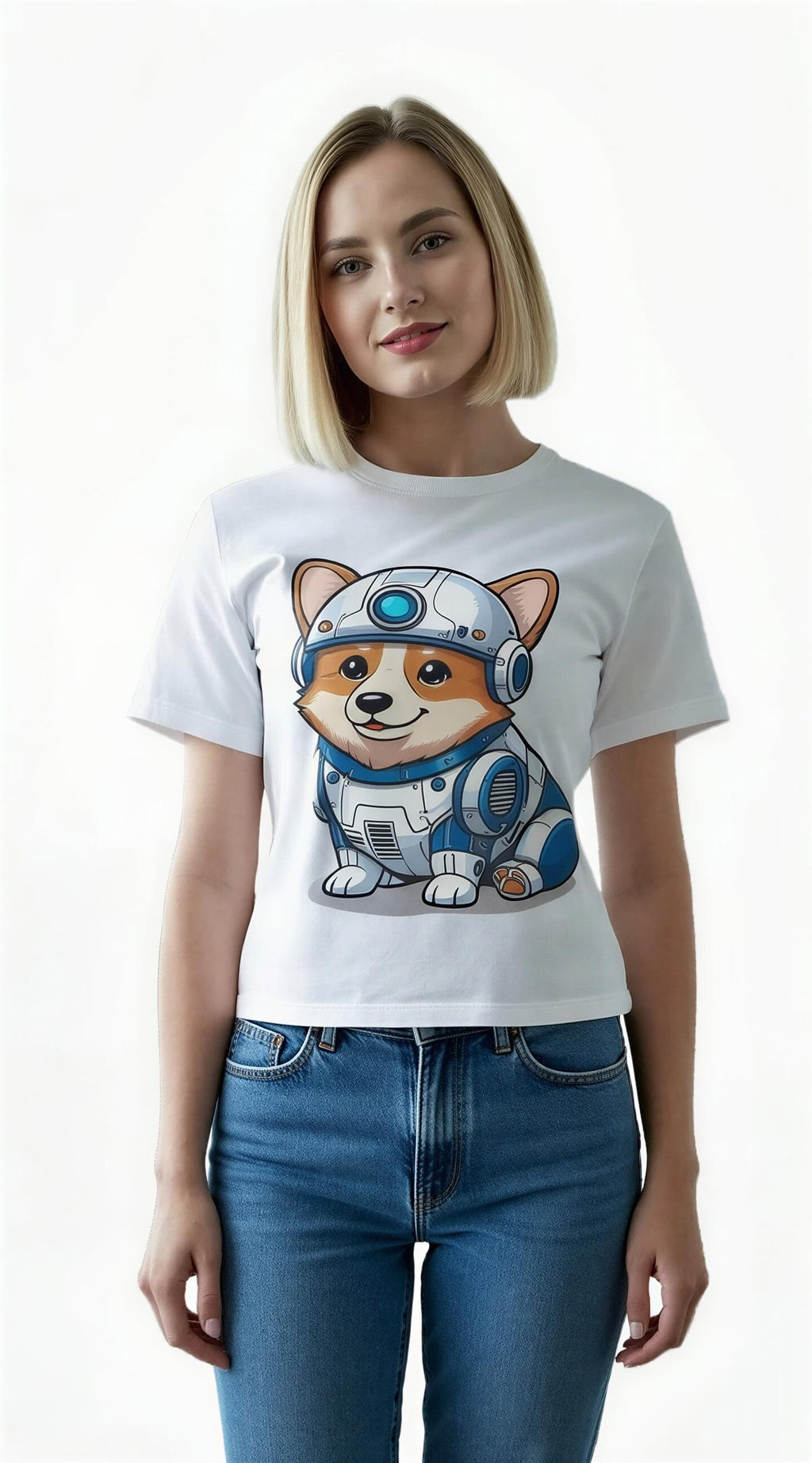 White t-shirt featuring a cartoon corgi dressed as R2-D2, worn by a person with blonde hair.