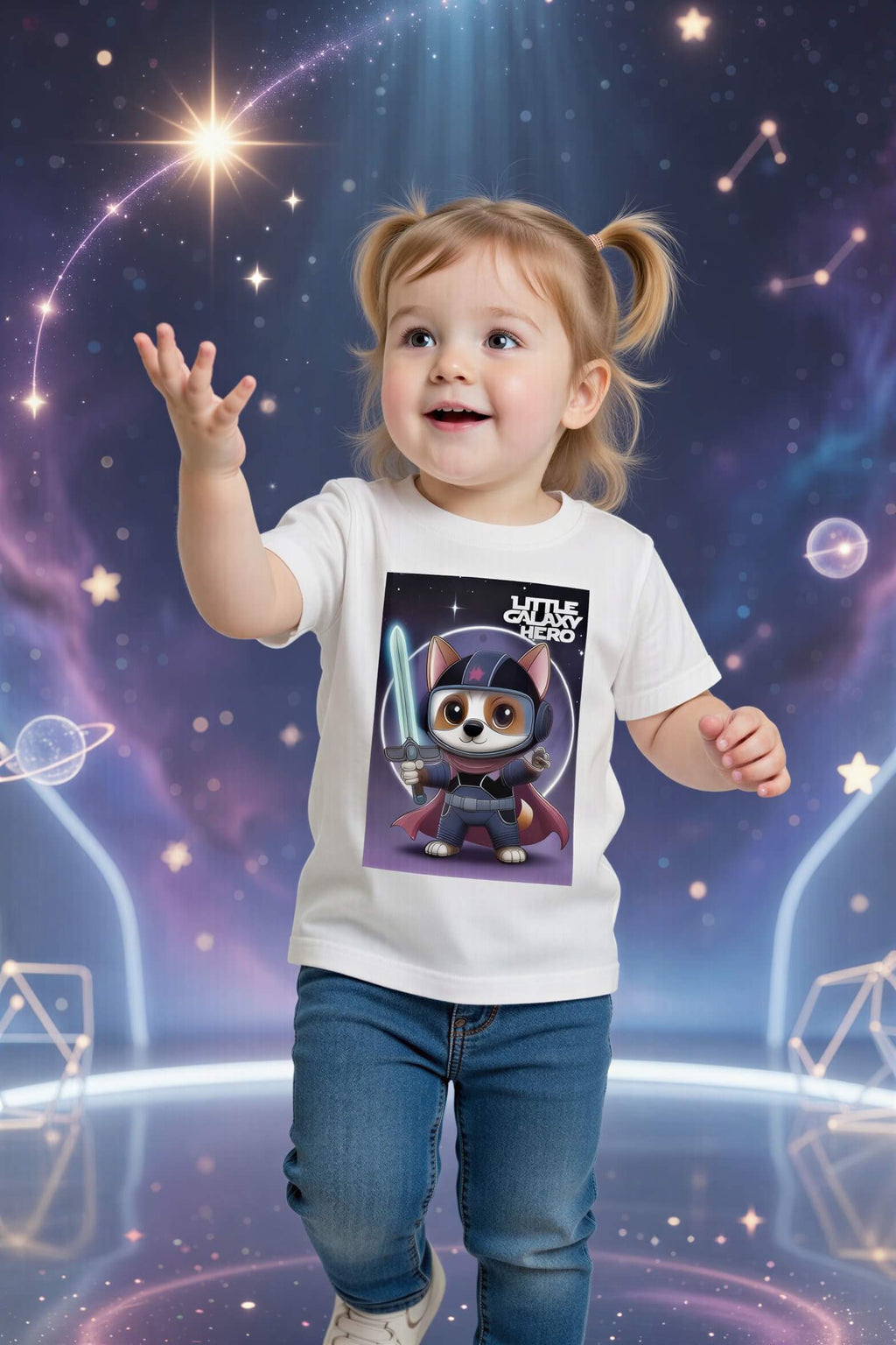 Little Galaxy Hero kids t-shirt featuring a cartoon space puppy in a purple costume, worn by a smiling child.
