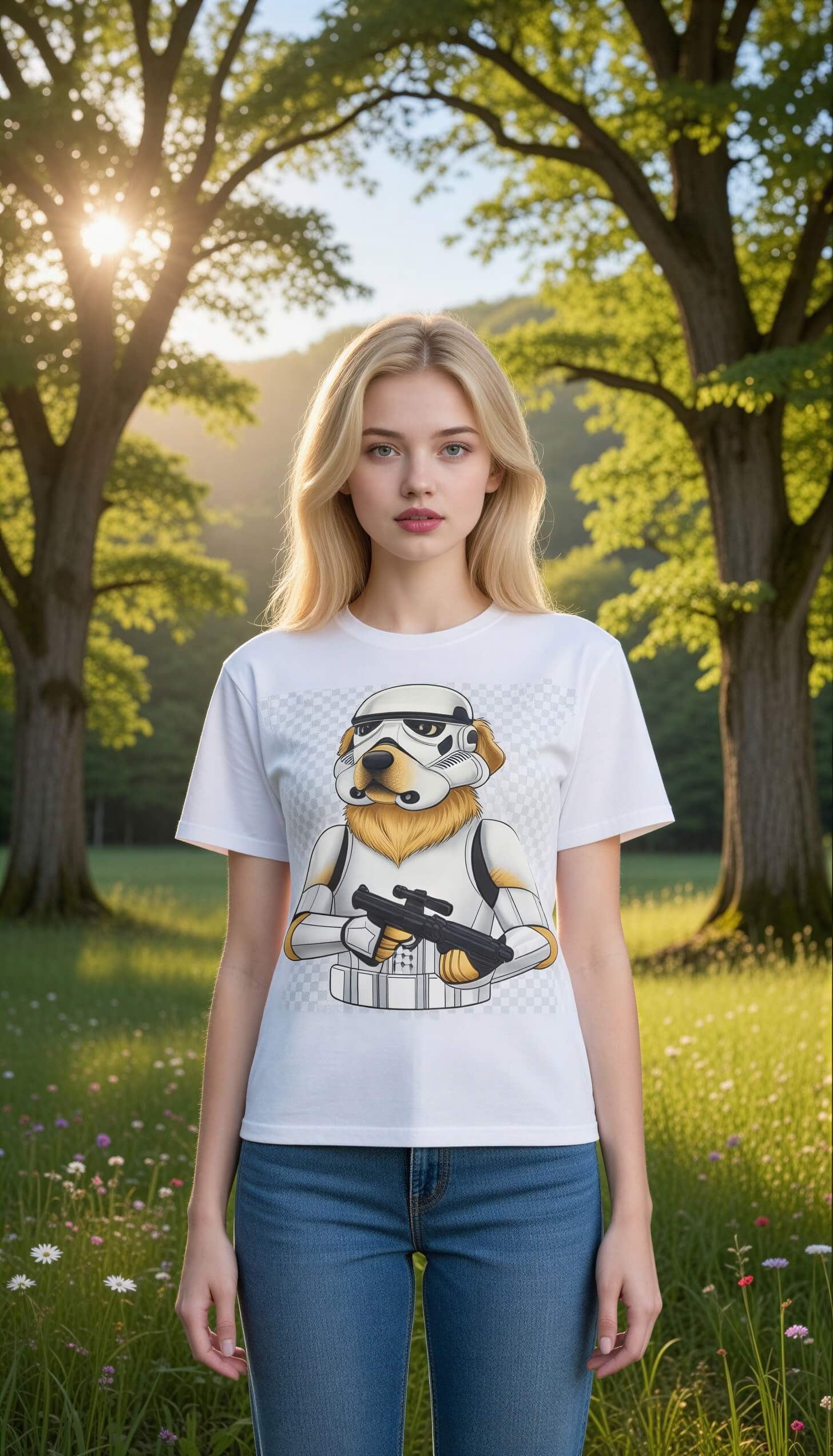 Funny golden retriever wearing a stormtrooper outfit on a white t-shirt, model standing in a sunny forest setting.