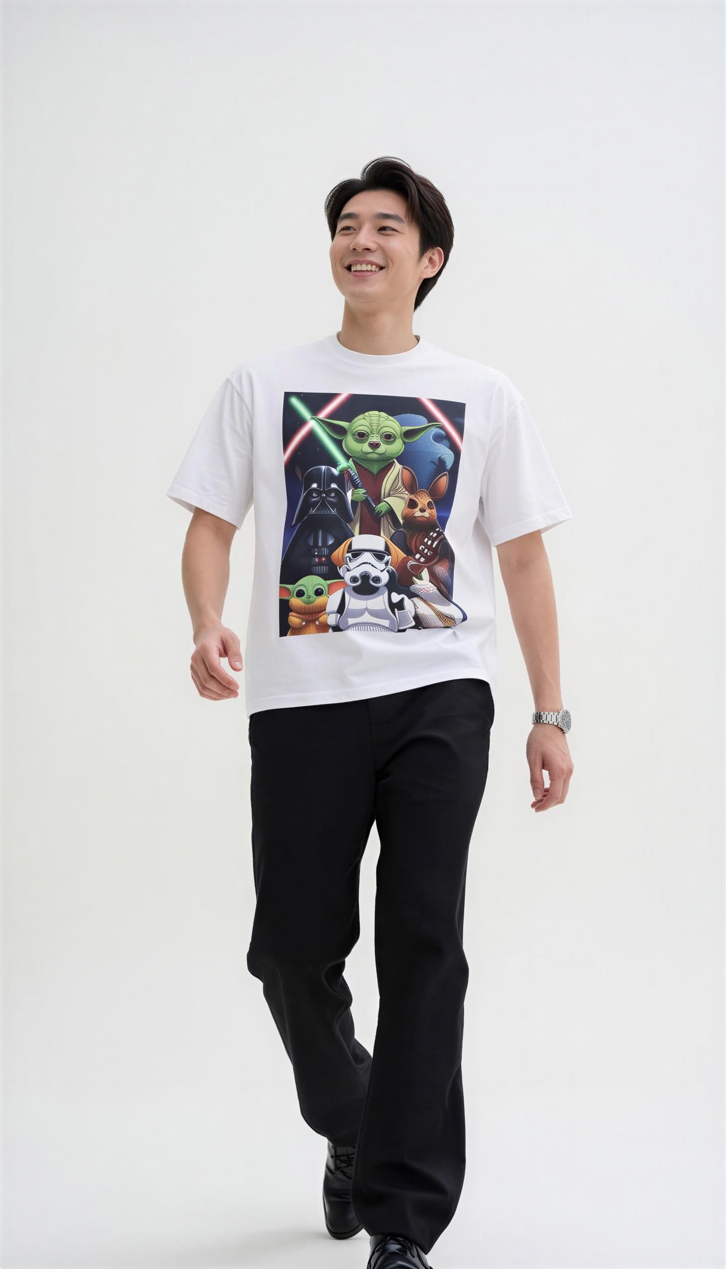 Star Wars Animal Mashup T-shirt featuring Yoda Corgi, Vader Cat, and Chewie Bunny on a white background.