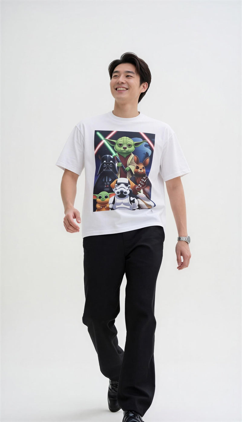 Star Wars Animal Mashup T-shirt featuring Yoda Corgi, Vader Cat, and Chewie Bunny on a white background.