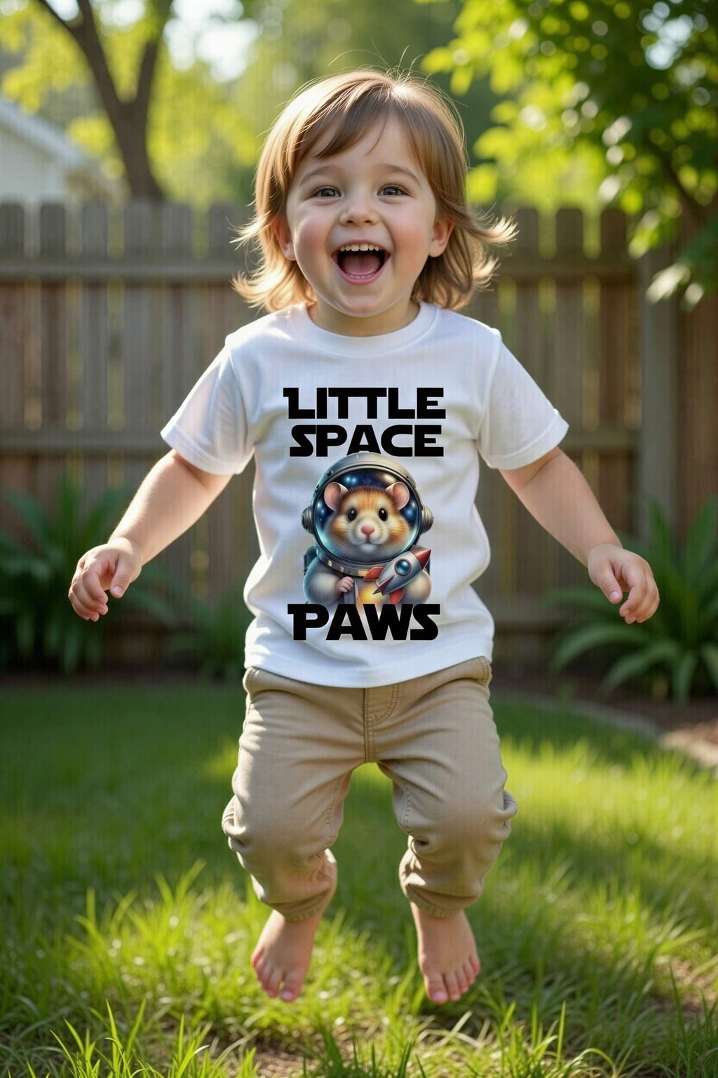 Toddler wearing a white t-shirt with "Little Space Paws" text and a cartoon hamster in a space helmet, jumping outdoors.