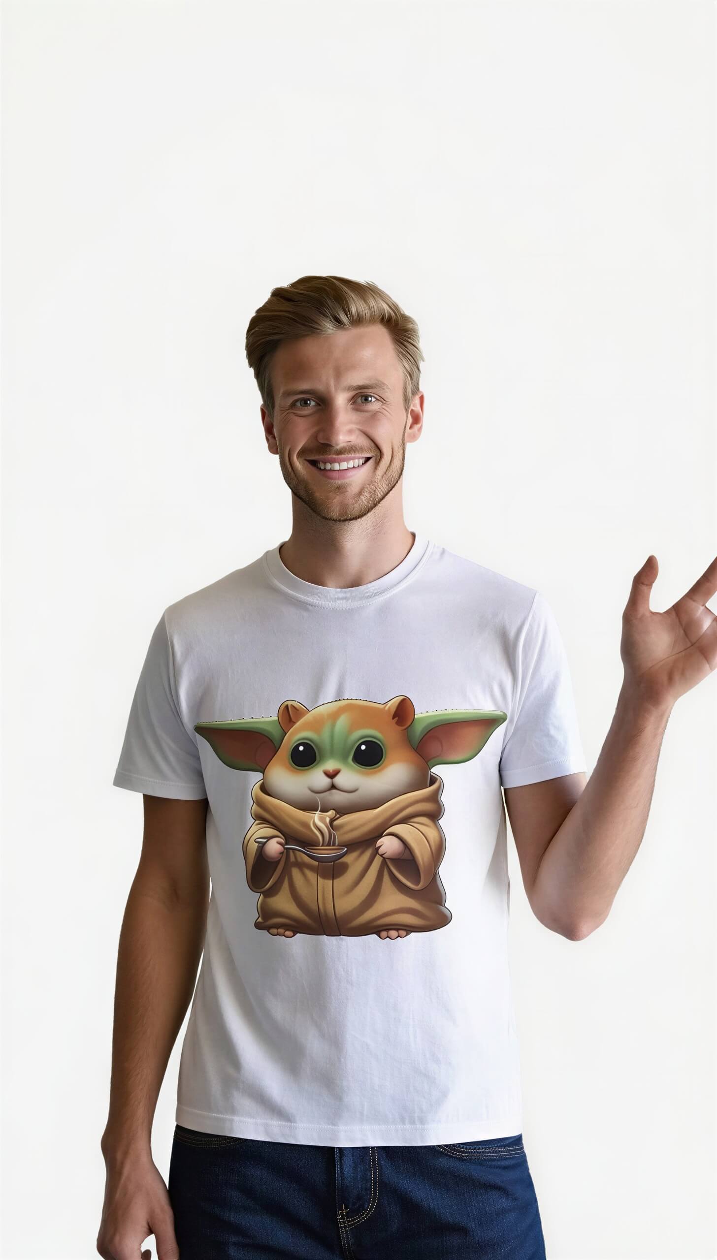 White t-shirt featuring a cartoon hamster in a space suit, worn by a smiling person against a plain background.