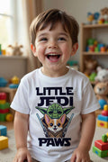 Little Space Paws hamster toddler t-shirt featuring a cartoon hamster with lightsabers and playful text.