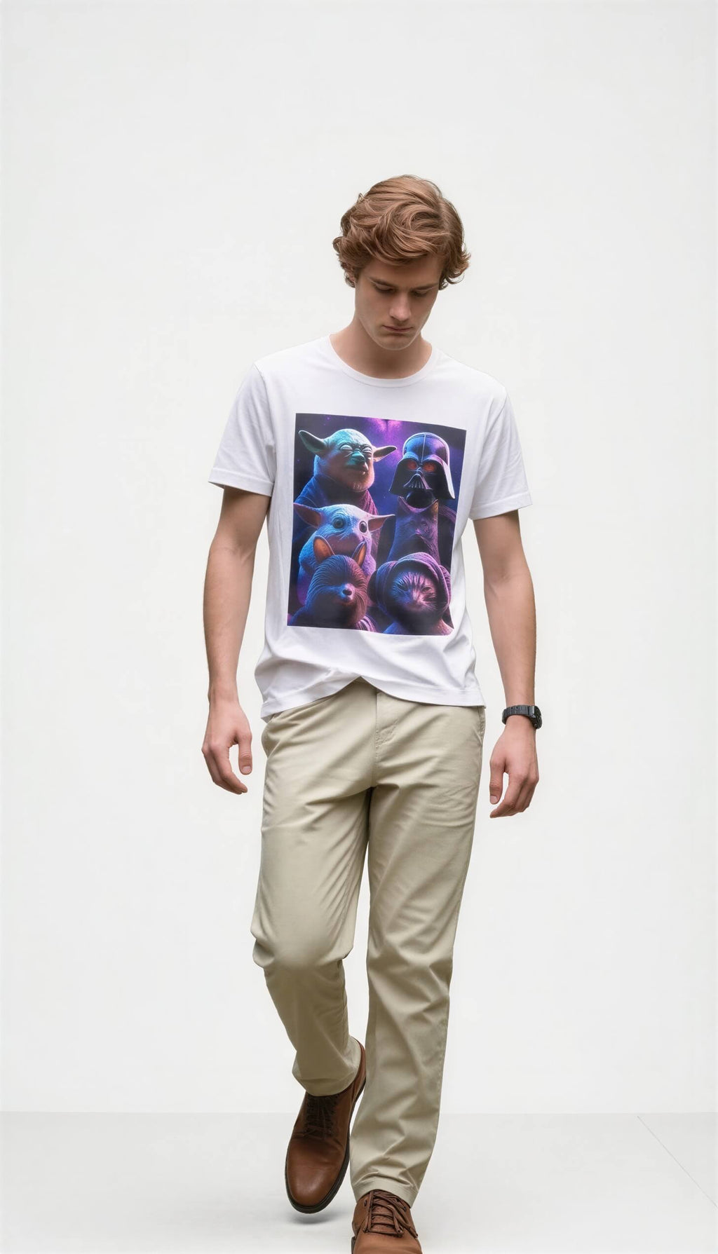 White T-shirt featuring a colorful graphic of cats and dogs in a galaxy theme, worn by a model with light pants.