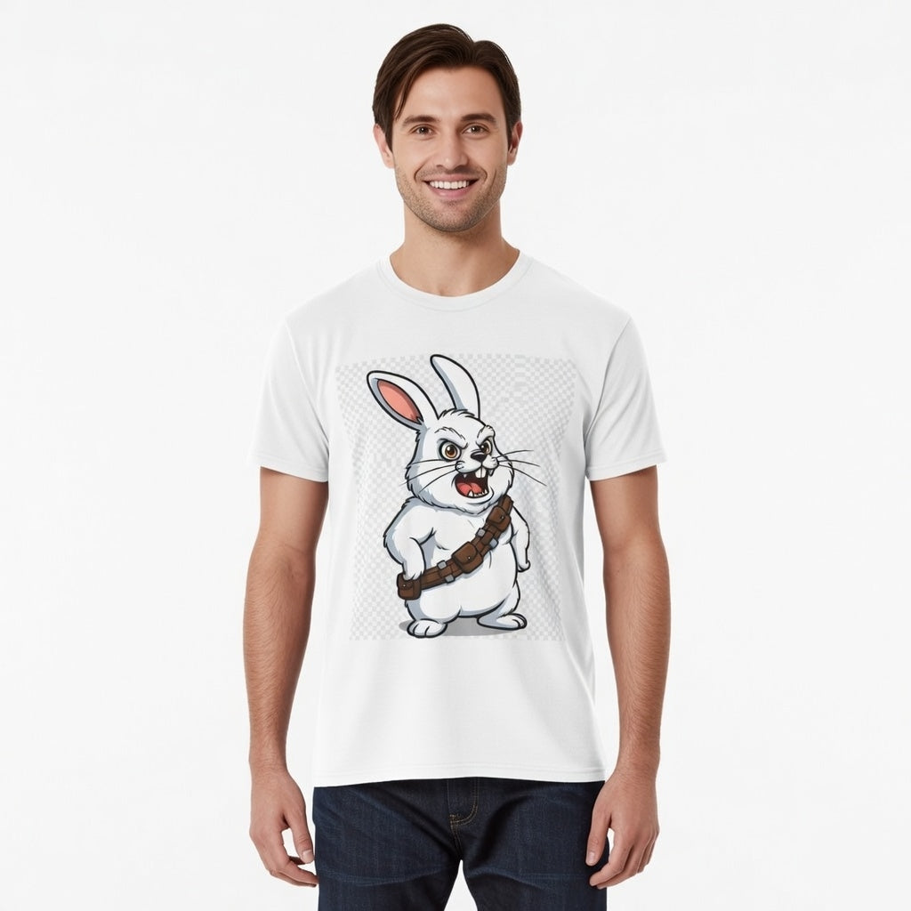 Chewbacca Bunny T-Shirt featuring a cartoon rabbit in a bandolier, set against a white background.