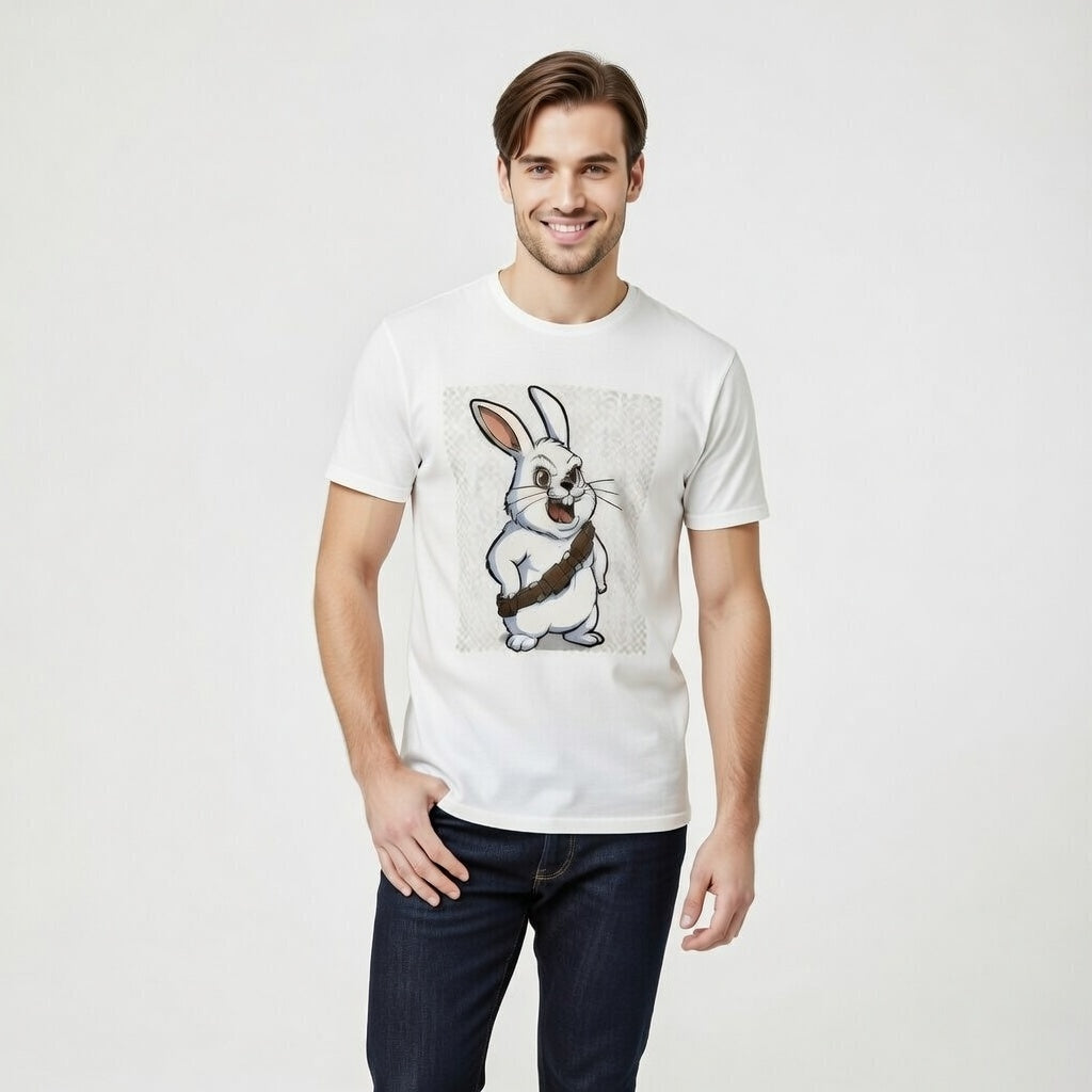 Chewbacca Bunny T-Shirt featuring a rabbit character in a white tee, worn by a man against a neutral background.