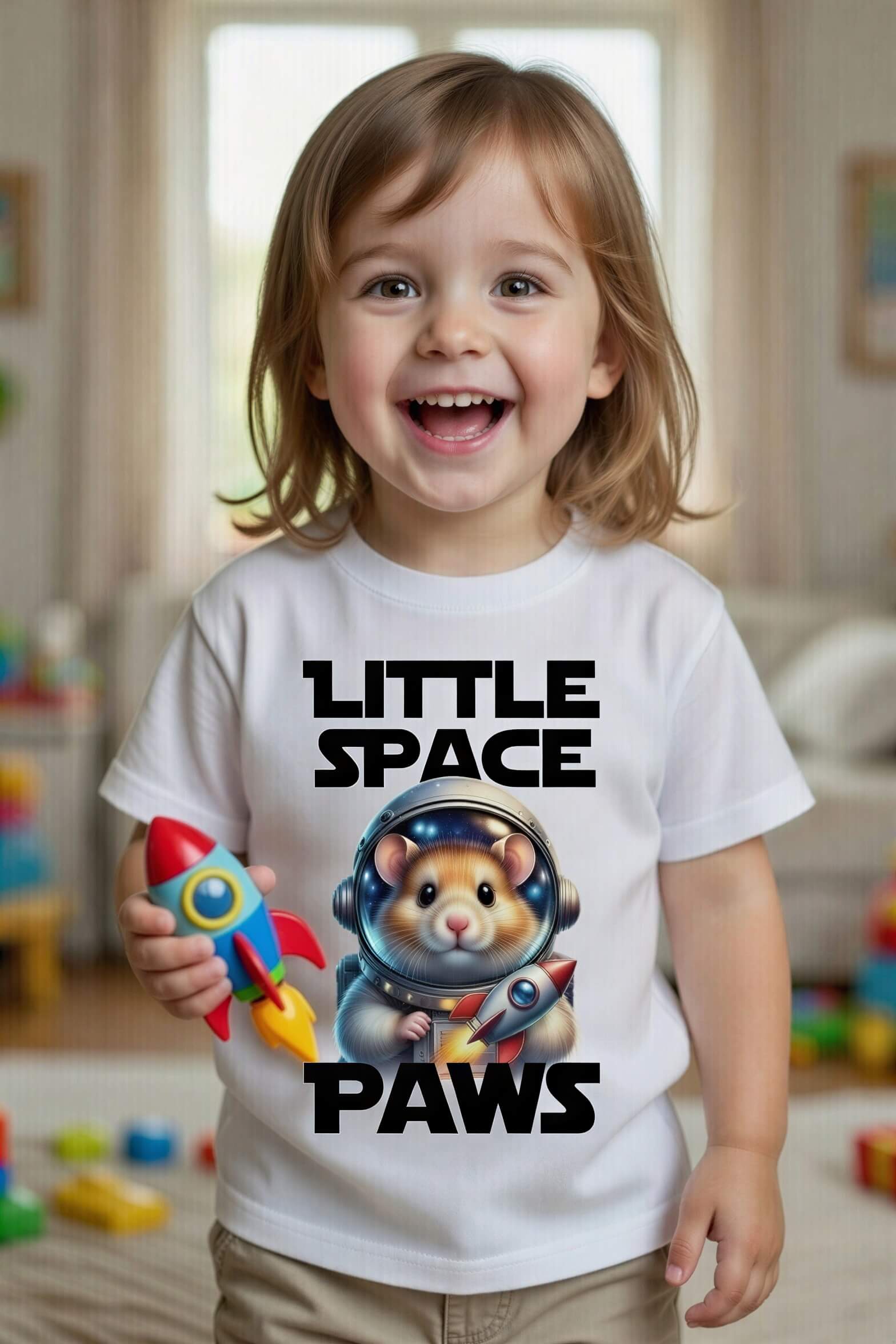 Toddler wearing a white t-shirt with "Little Space Paws" text and a hamster in a space helmet, holding a toy rocket.