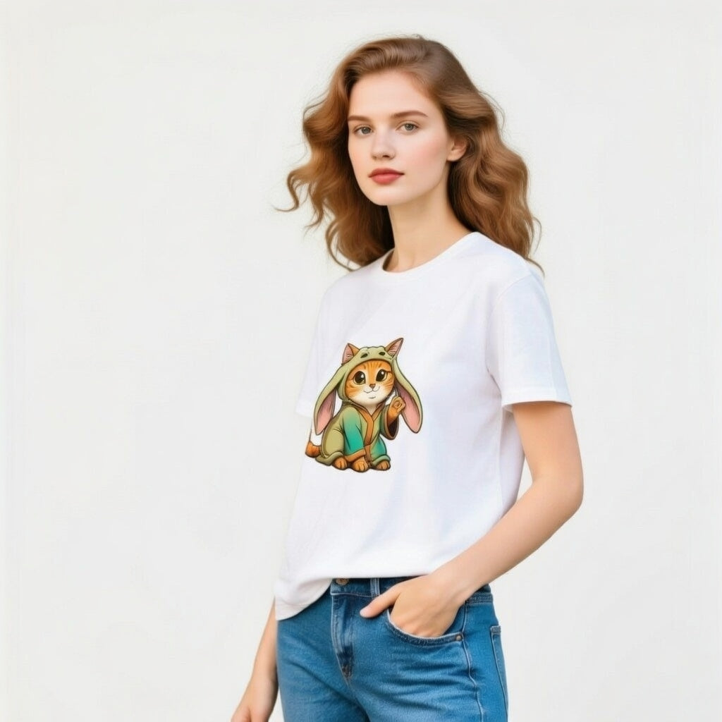 White t-shirt featuring an orange tabby cat in a green outfit, styled as a Star Wars character.