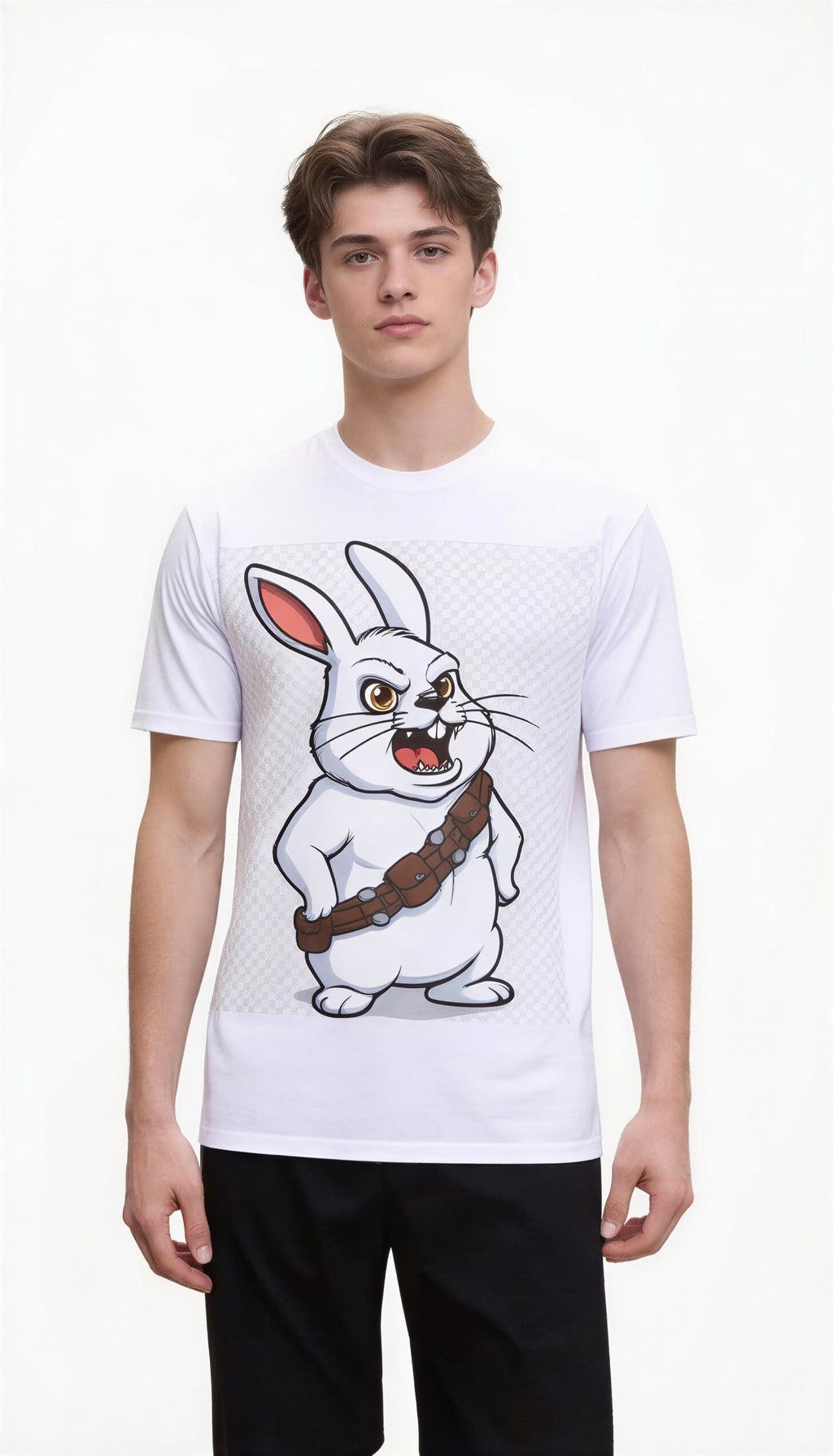White t-shirt featuring a cartoon rabbit with a bandolier, modeled by a person against a plain background.
