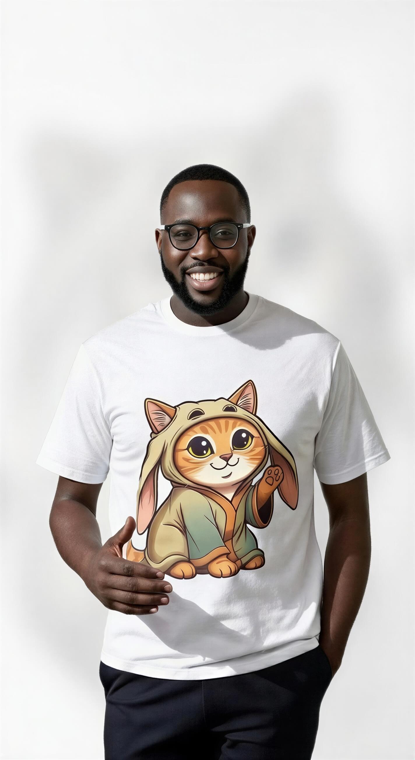White t-shirt featuring a cartoon orange tabby cat with large eyes and bunny ears on a plain background.