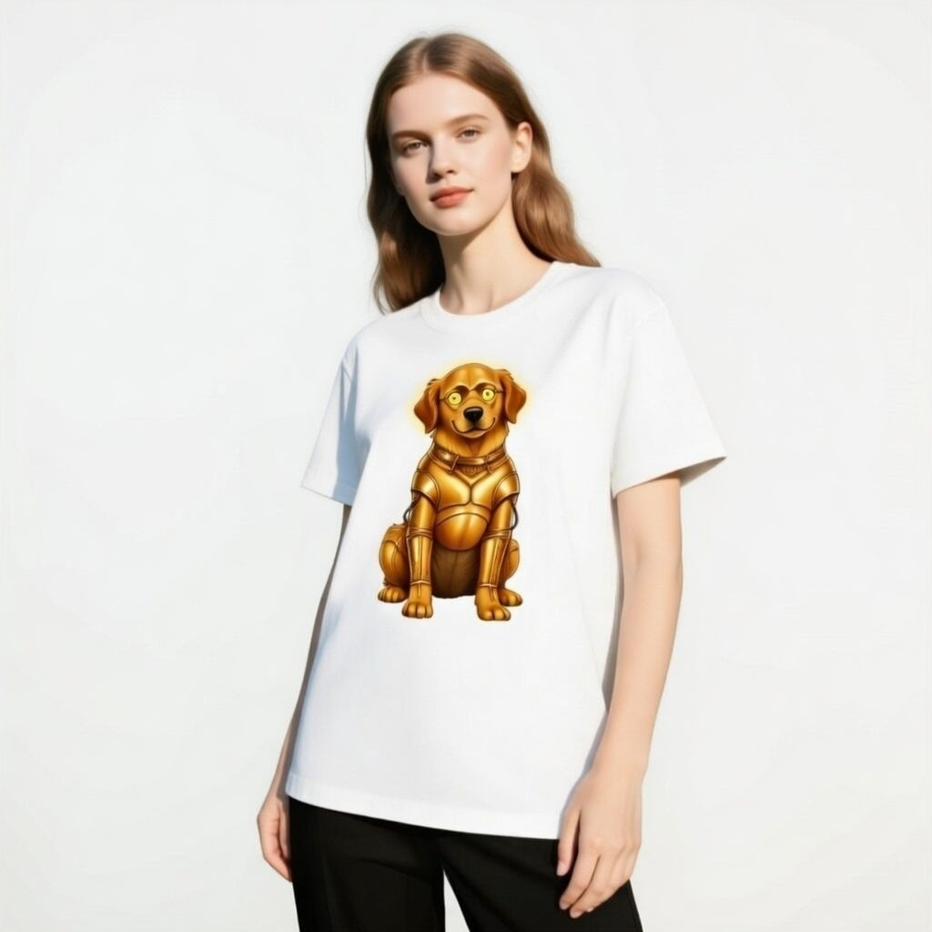 Golden Retriever C-3PO dog t-shirt featuring a golden dog in a droid costume on a white background.