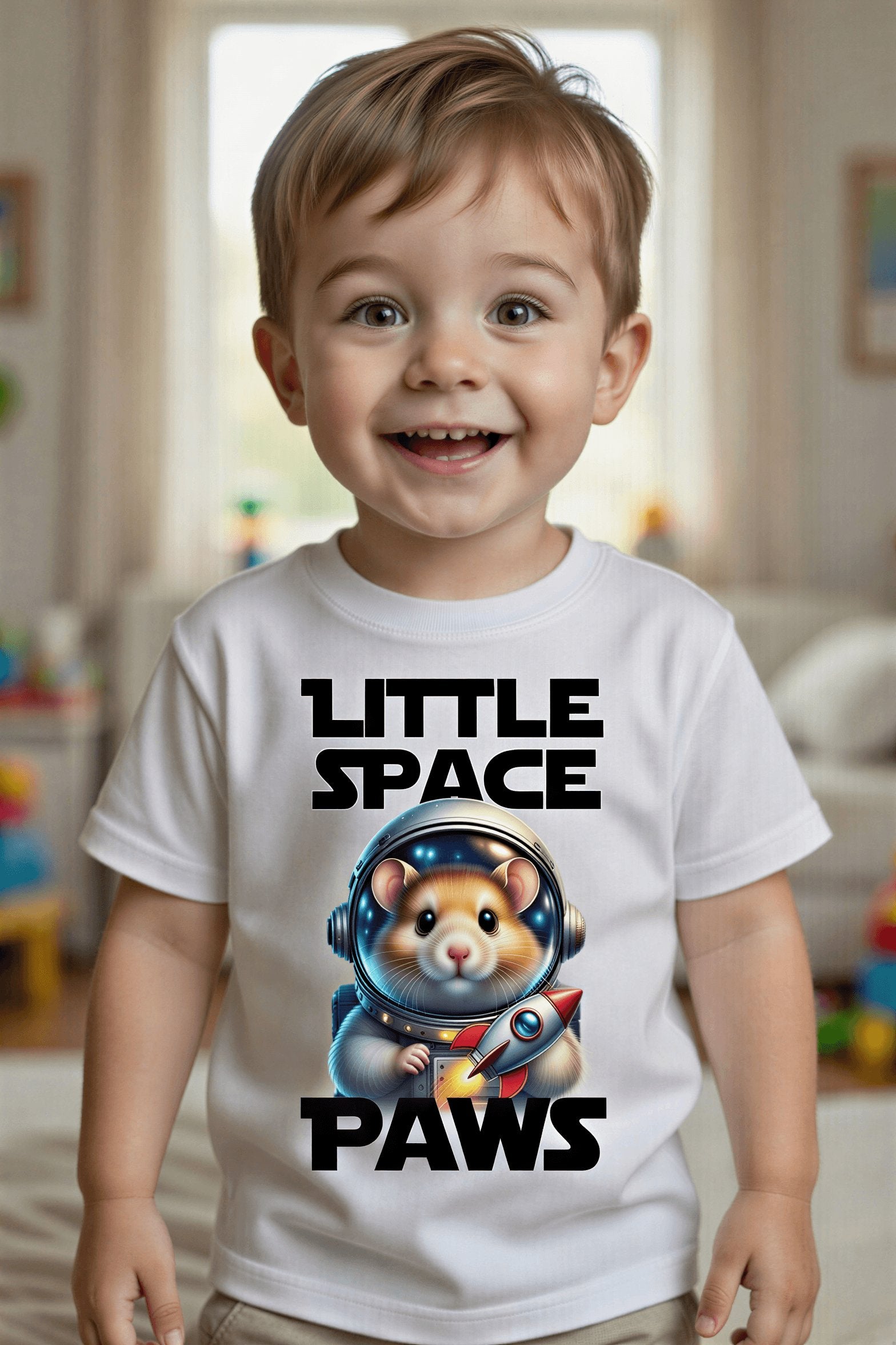 Toddler wearing a white t-shirt with a cartoon hamster in a space helmet and the text "Little Space Paws.