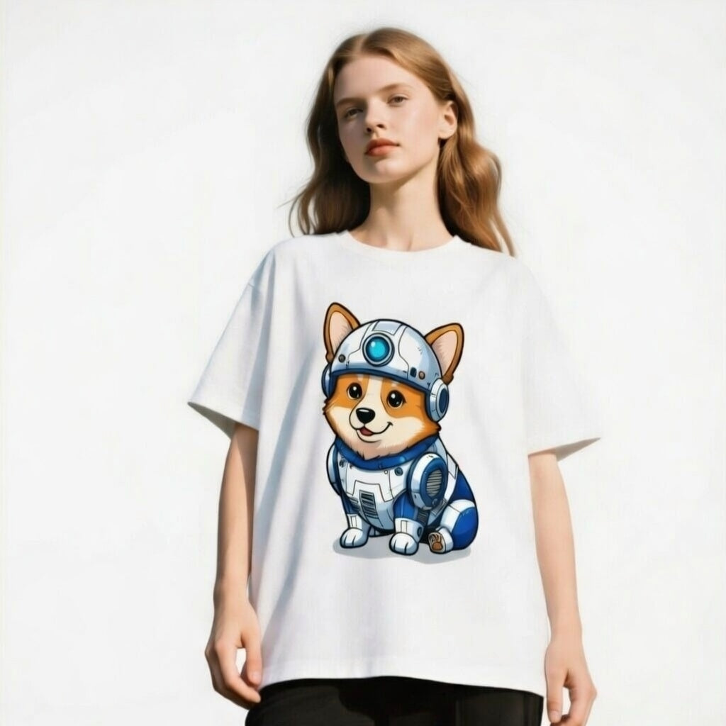Corgi R2-D2 T-shirt featuring a cartoon corgi in a droid outfit, worn by a model against a plain background.
