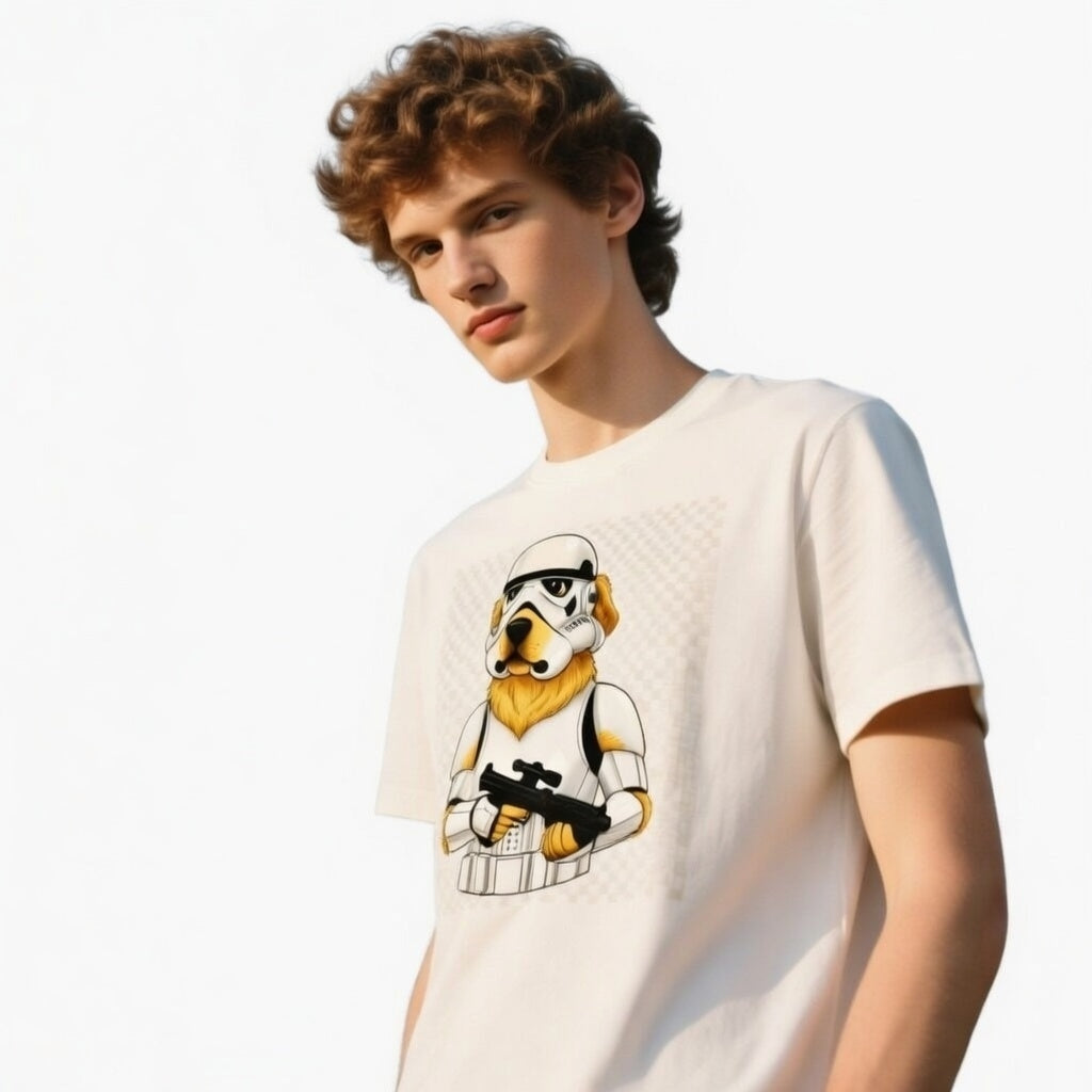 Funny golden retriever dressed as a stormtrooper on a cream t-shirt worn by a young man.