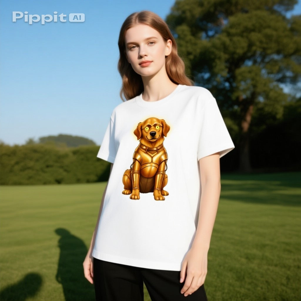 Golden Retriever C-3PO dog t-shirt featuring a golden dog in a droid costume on a white tee, worn by a model outdoors.