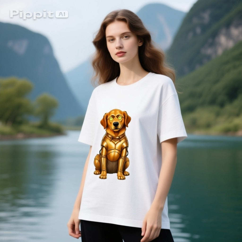 Golden Retriever C-3PO dog t-shirt featuring a cartoon golden retriever in a droid design on a white background.