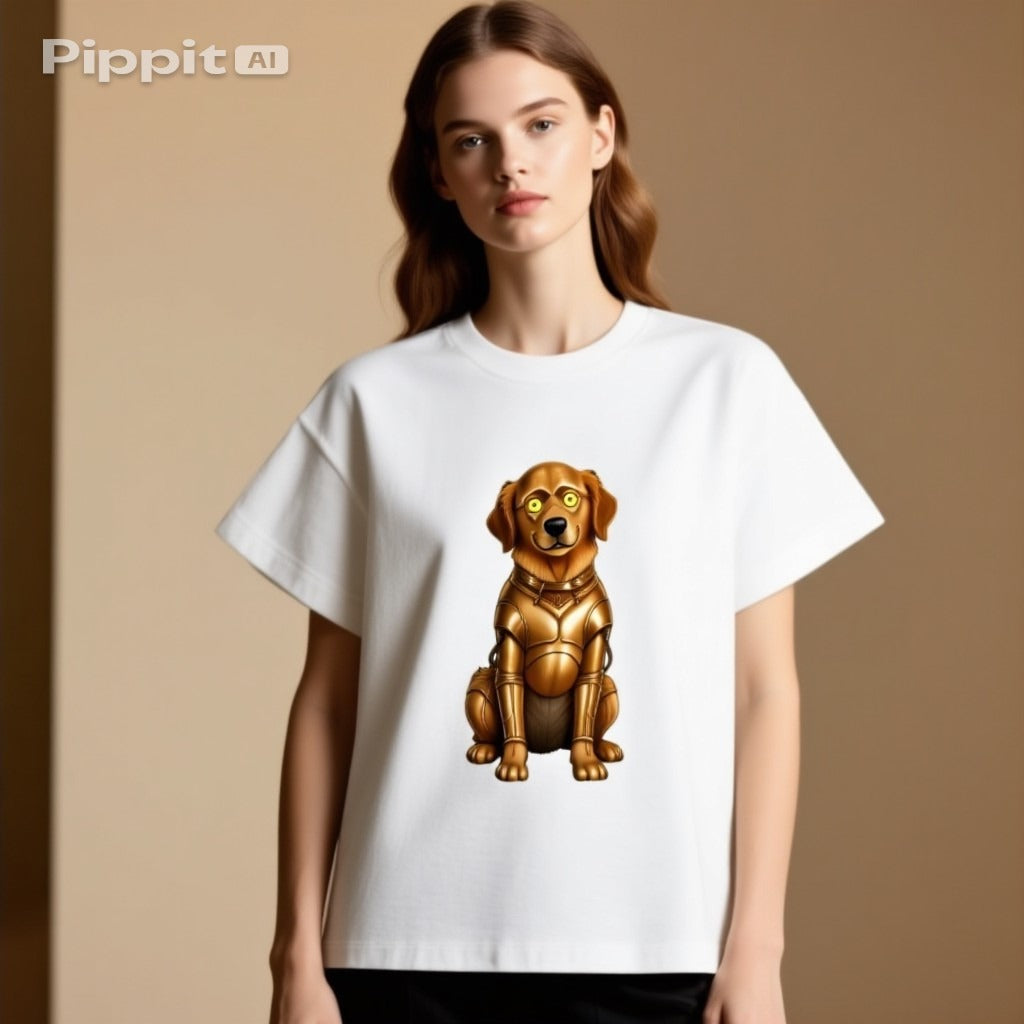 Golden Retriever C-3PO dog t-shirt featuring a cartoon dog in a gold droid costume on a white background.