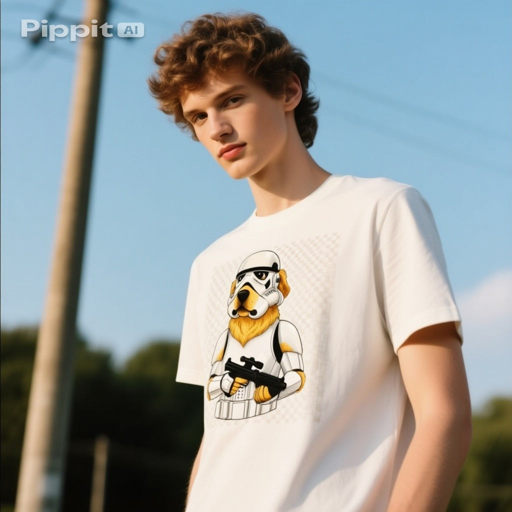 Funny golden retriever wearing a stormtrooper outfit on a white t-shirt, modeled by a young man outdoors.