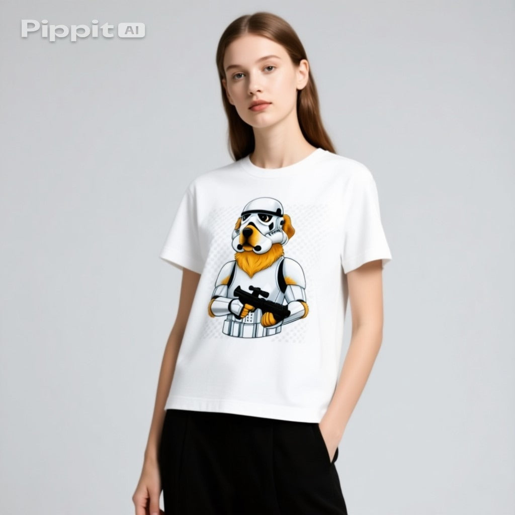 Funny golden retriever in a stormtrooper outfit holding a blaster on a white t-shirt worn by a model.
