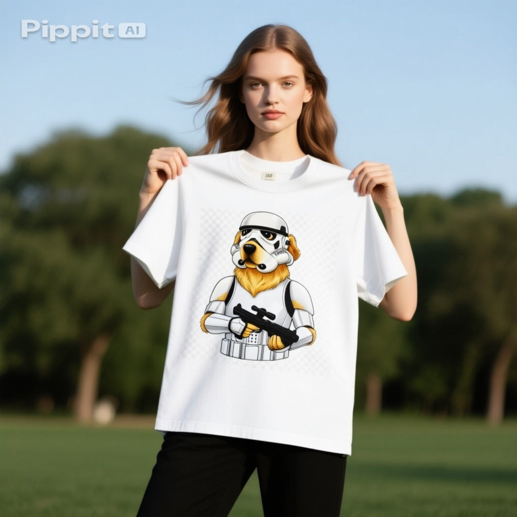 White t-shirt featuring a golden retriever dressed as a Stormtrooper, held by a model outdoors.
