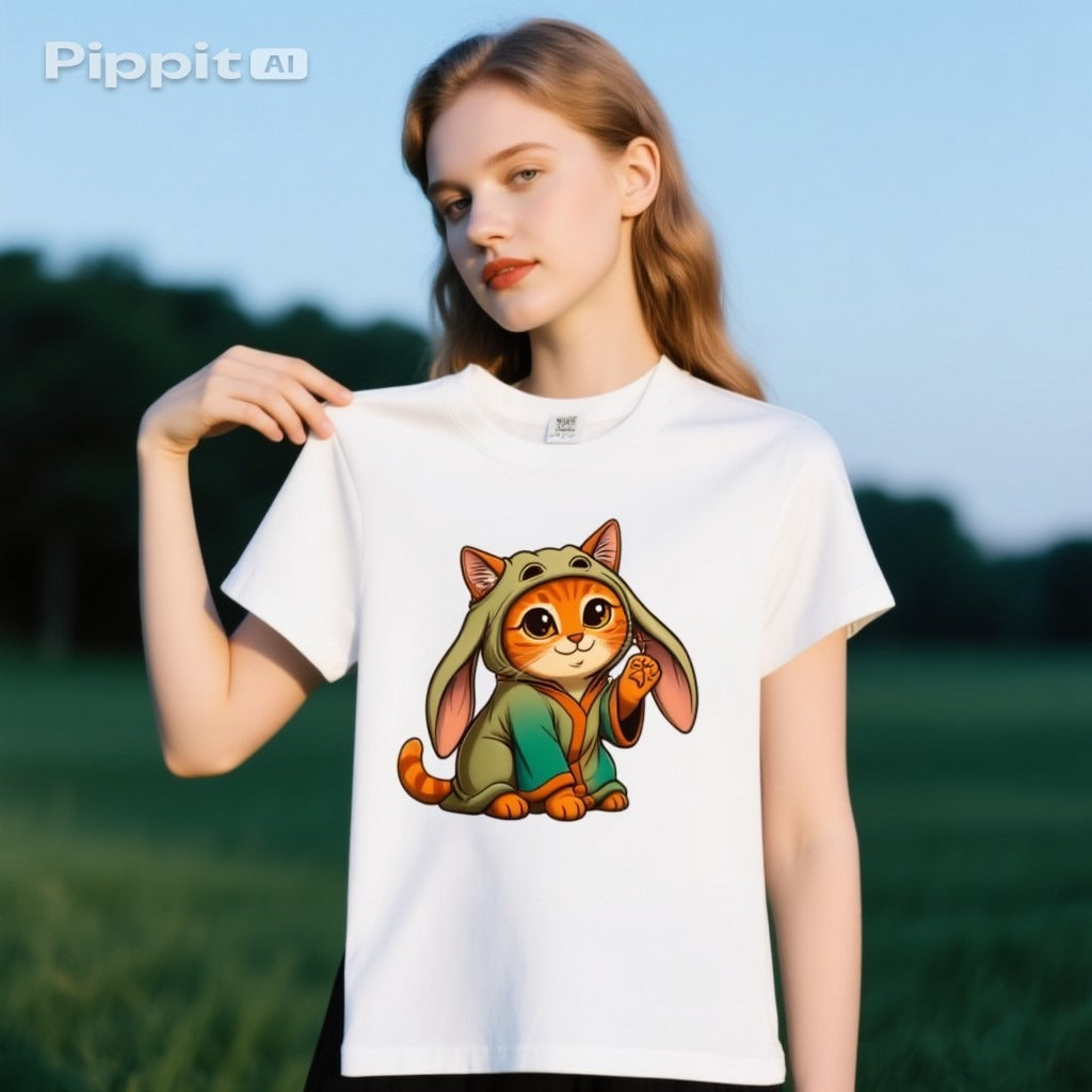 Orange tabby cat wearing a Jedi robe and hat on a white T-shirt, model standing in a grassy field.