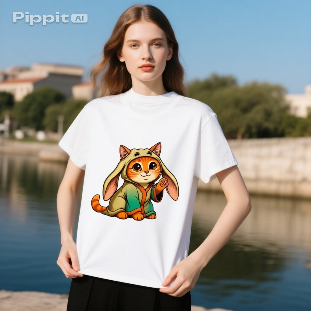 Orange tabby cat wearing a green hoodie and bunny ears on a white t-shirt, model standing by a body of water.
