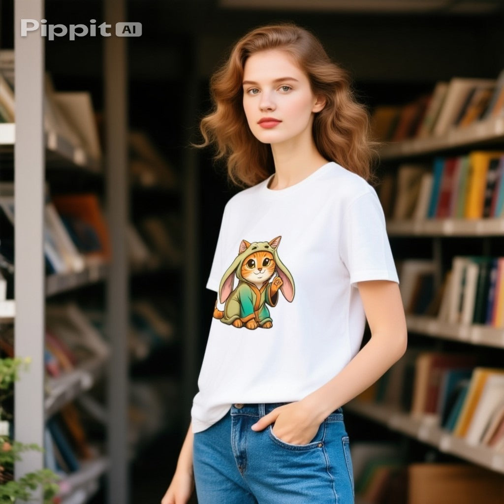 White t-shirt featuring a cartoon orange tabby cat in a Jar Jar Binks costume, worn by a model in a library setting.