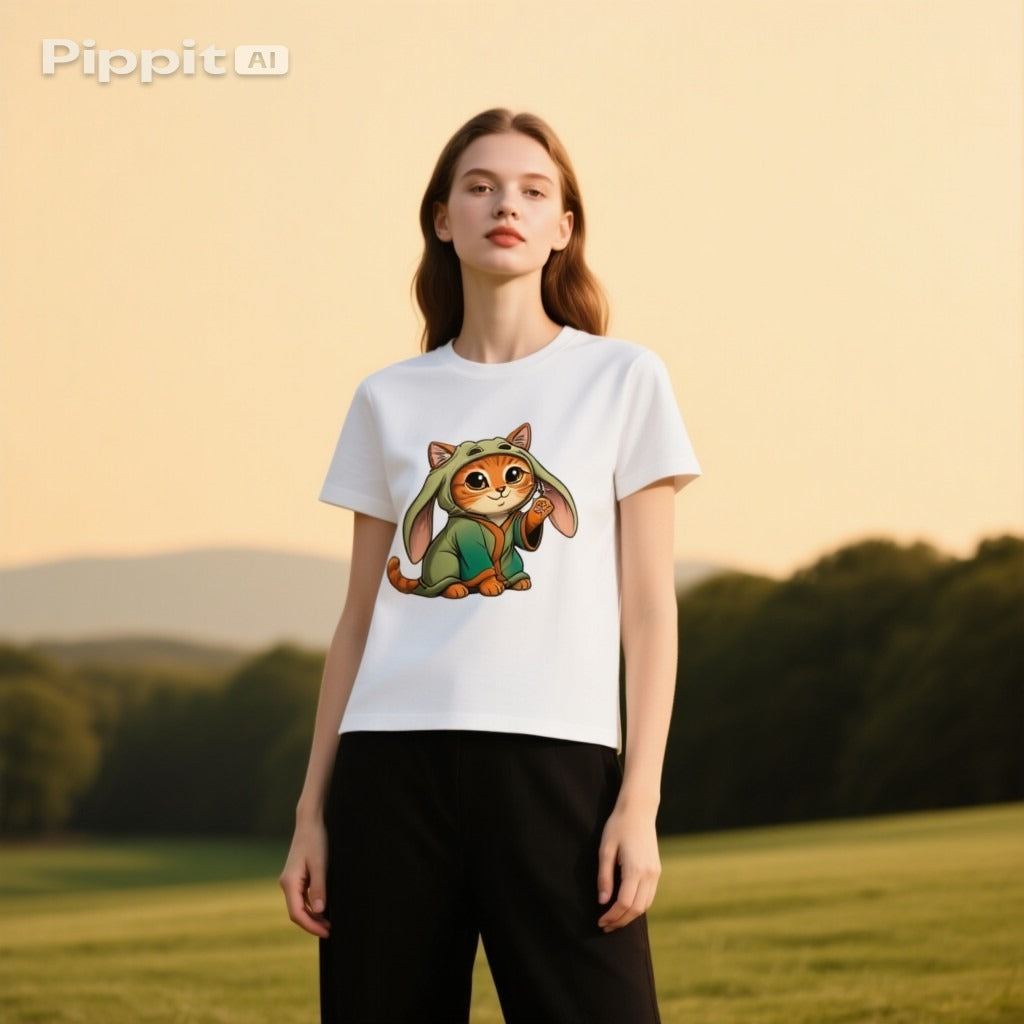White T-shirt featuring an orange tabby cat in a Star Wars parody design, set against a green landscape.