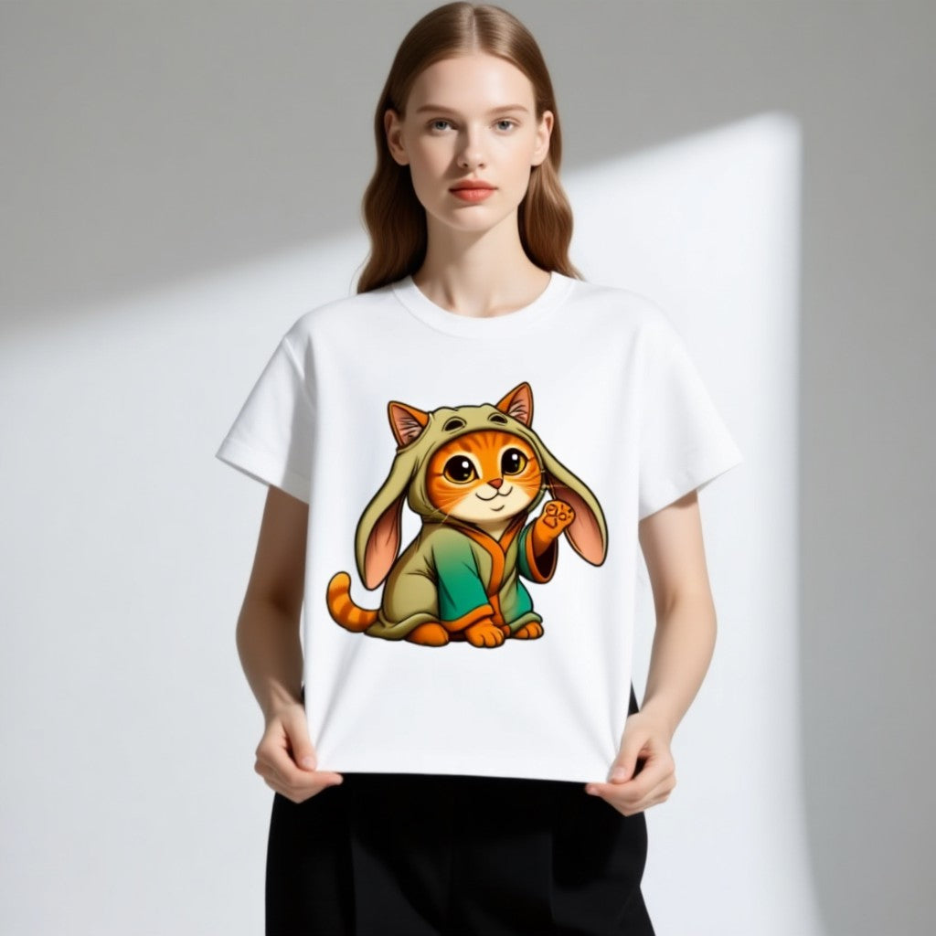 White t-shirt featuring an orange tabby cat dressed as a character with bunny ears, standing in a playful pose.