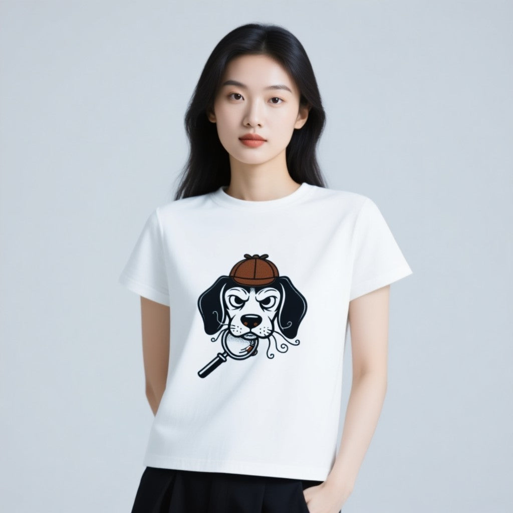 Beagle Detective T-Shirt featuring a cartoon dog with a magnifying glass and detective hat on a white background.