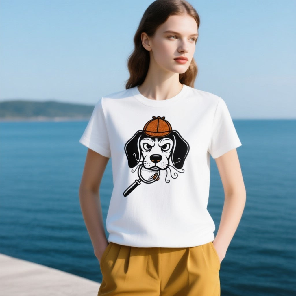 Beagle detective T-shirt featuring a dog with a magnifying glass and a hat, worn by a model by the sea.