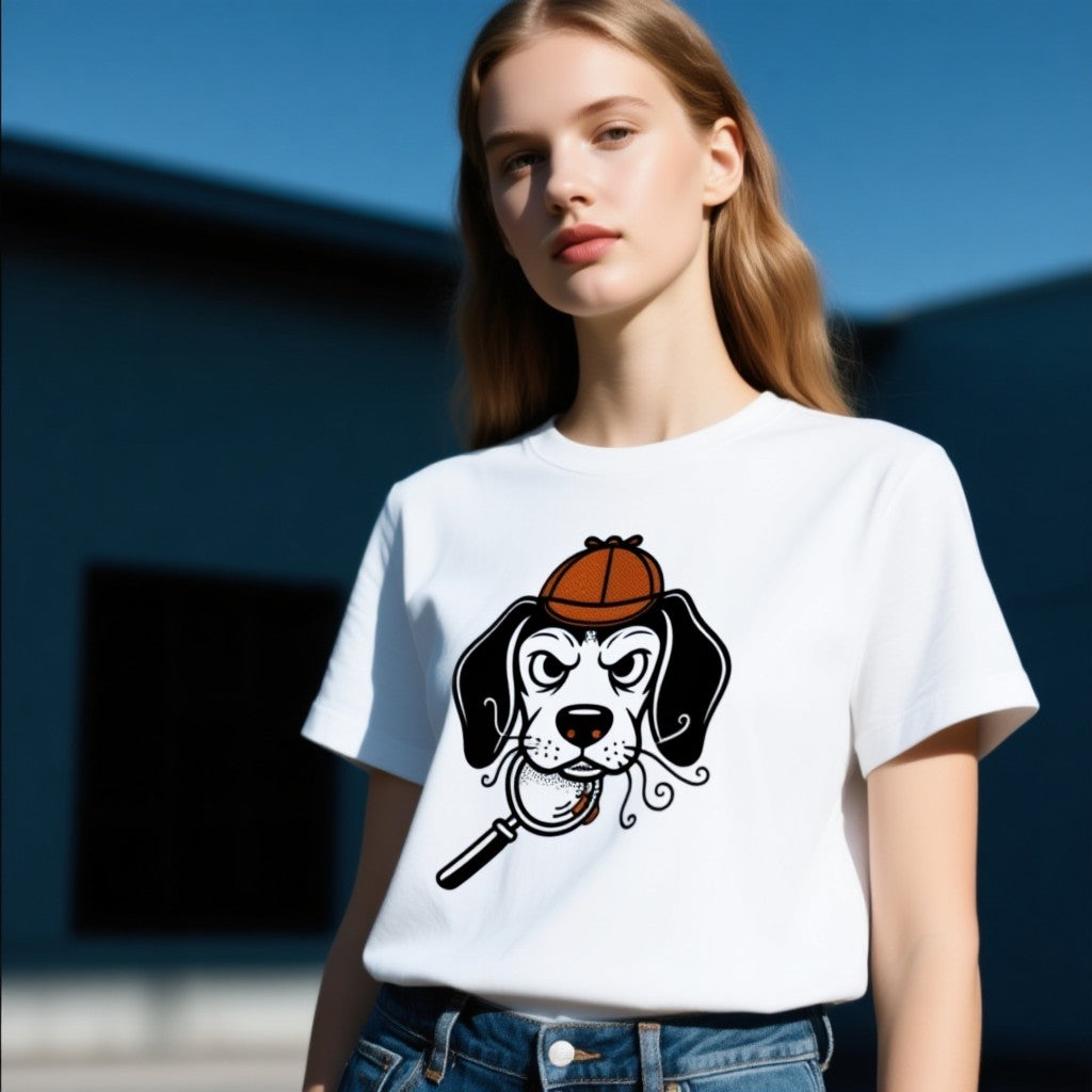 Beagle Detective T-Shirt featuring a dog in a detective hat with a magnifying glass on a white background.