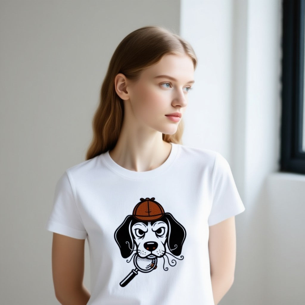 Beagle detective t-shirt featuring a cartoon dog with a magnifying glass and a detective hat on a white background.