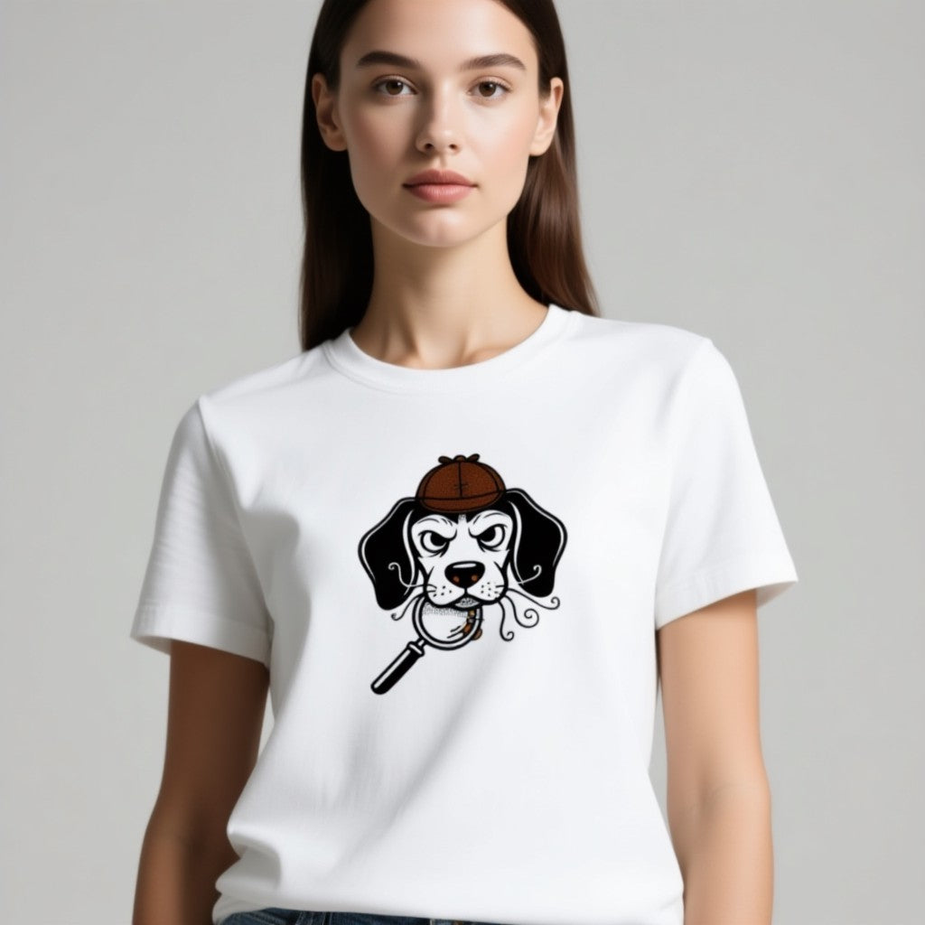Beagle Detective T-shirt featuring a dog with a magnifying glass and detective hat on a white background.