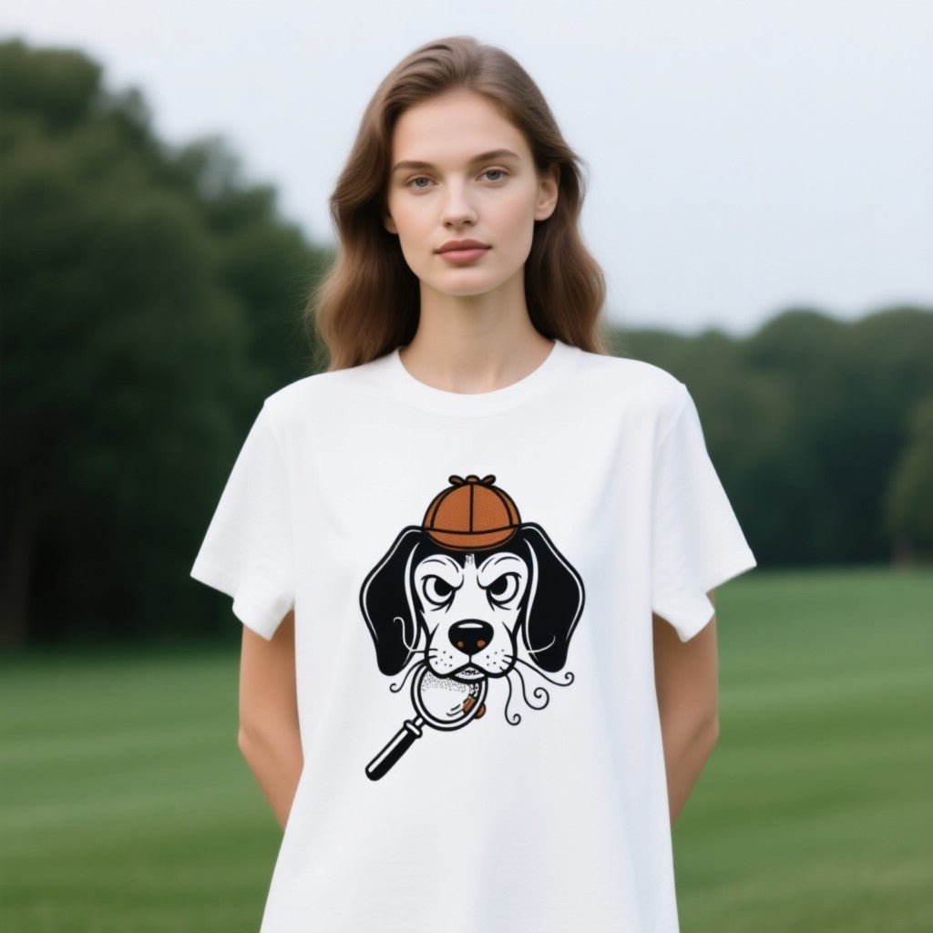 Beagle detective T-shirt featuring a dog with a magnifying glass and detective hat, displayed on a model outdoors.