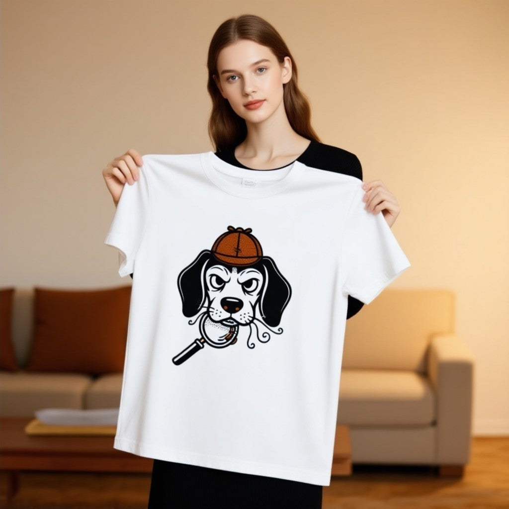 Beagle detective T-shirt featuring a cartoon dog with a magnifying glass and a detective hat, displayed by a model.