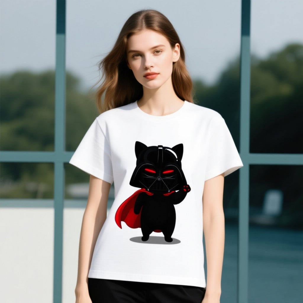 Darth Vader cat graphic on a white t-shirt, featuring a black cat in a cape and helmet with red eyes.