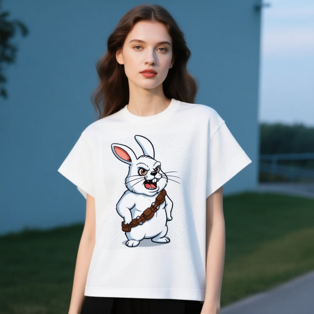 Chewbacca Bunny T-Shirt featuring a cartoon rabbit with a bandolier on a white tee, worn by a model outdoors.