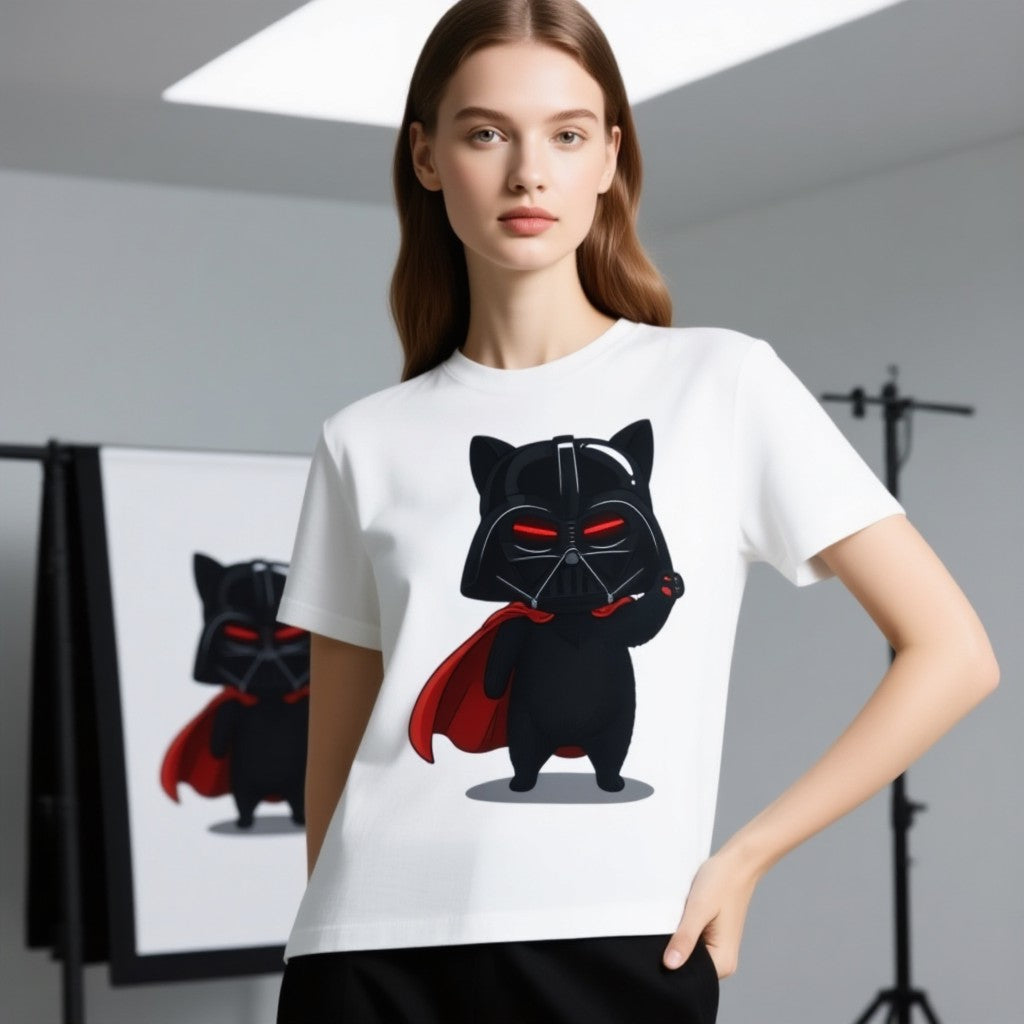 Darth Vader cat graphic t-shirt featuring a black cat in a helmet and cape on a white background.