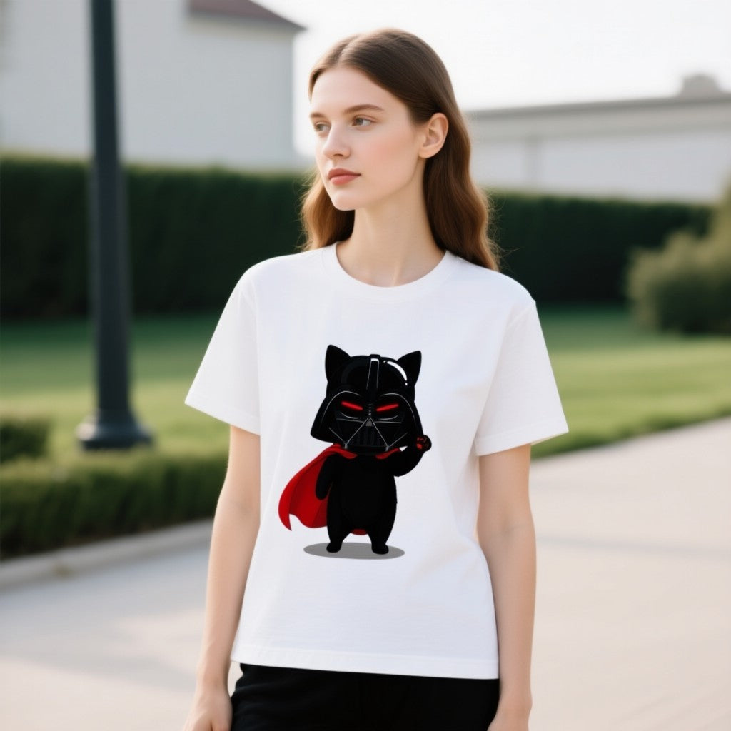 Darth Vader cat graphic t-shirt featuring a black cat in a cape with a lightsaber, set against an outdoor background.