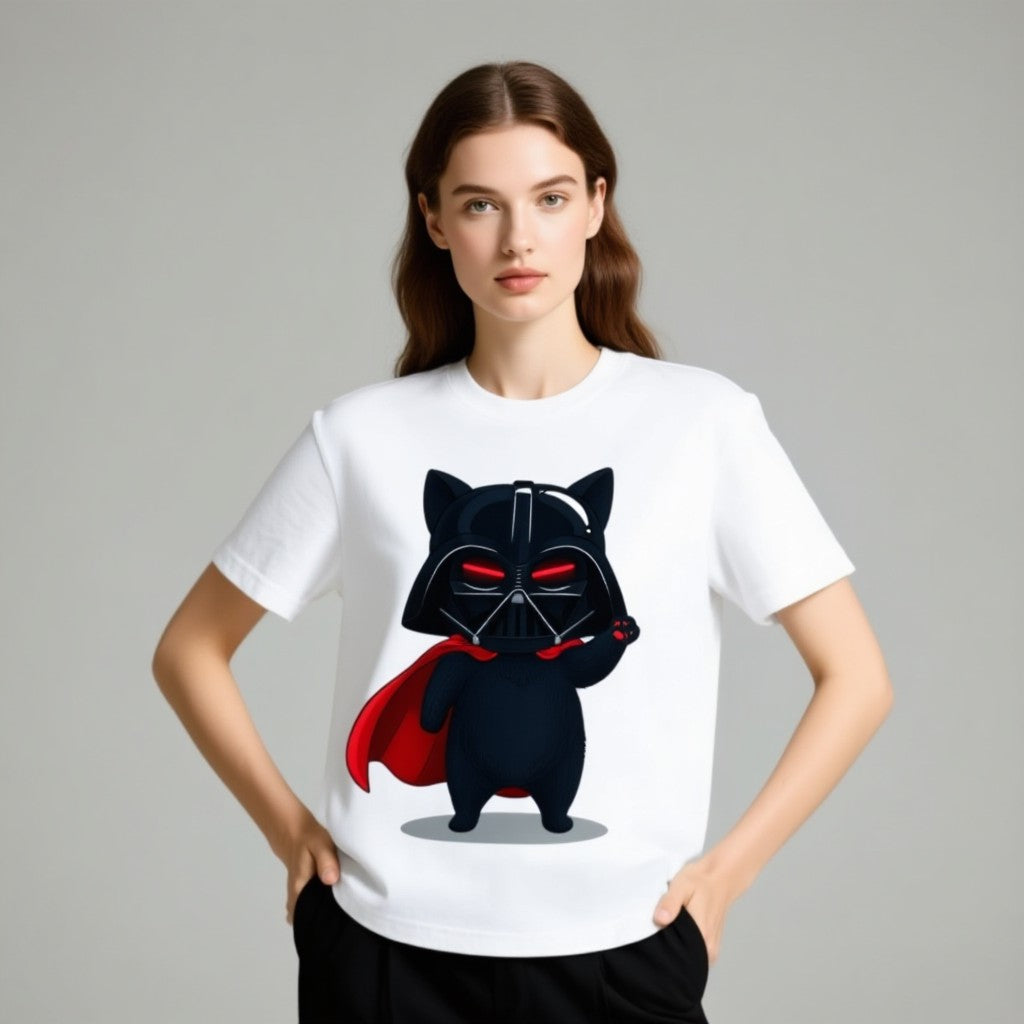 Darth Vader cat graphic on a white t-shirt, featuring a black cat in a cape and mask, held by a model.