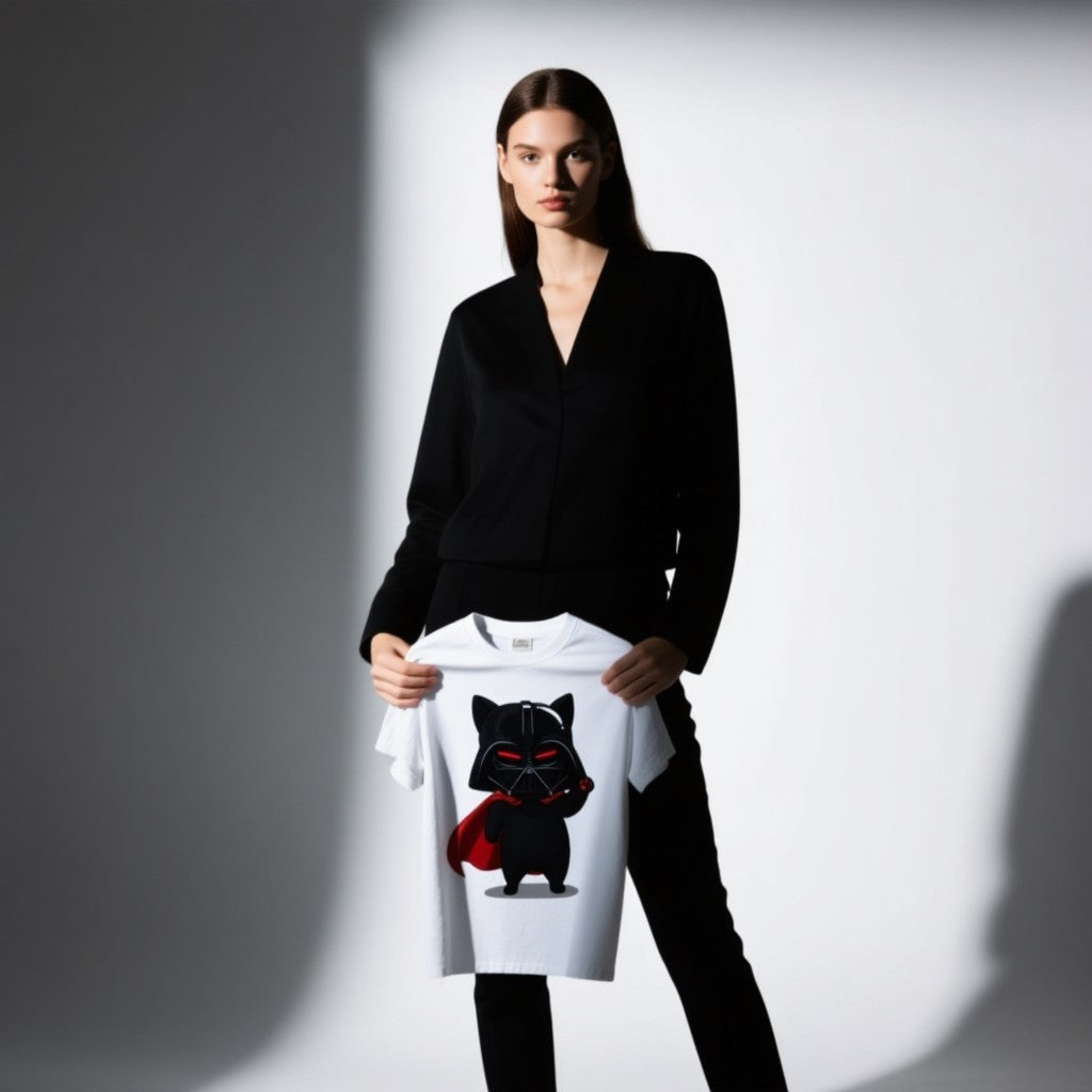 Darth Vader cat graphic t-shirt displayed by a model wearing a black jacket, featuring a black cat in a cape.