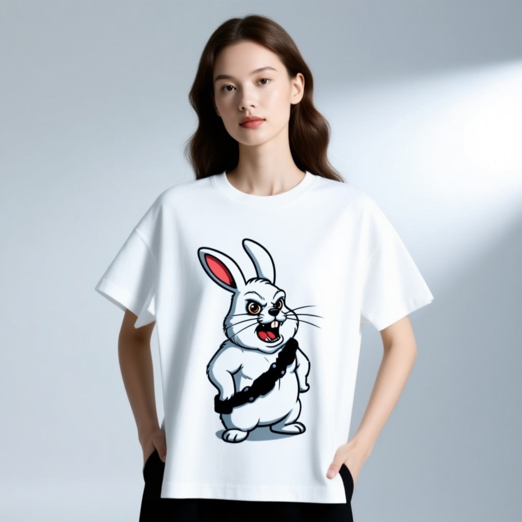 Chewbacca Bunny T-shirt featuring a cartoon rabbit in a black bandolier on a white background.
